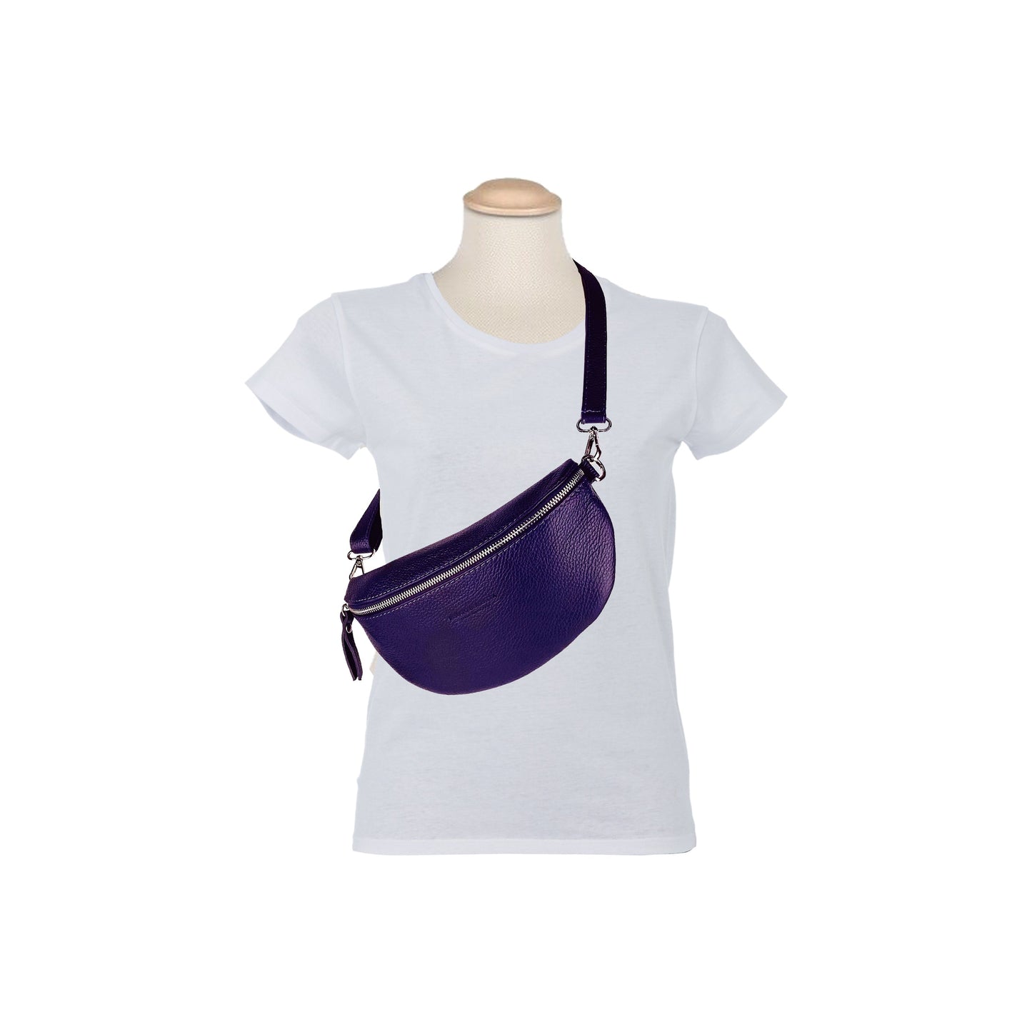 Mannequin wearing a white t-shirt with a purple crossbody bag on a white background