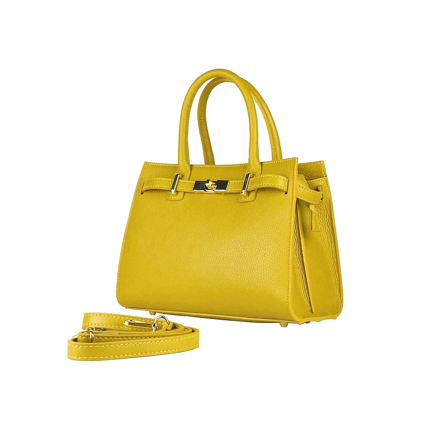 Yellow handbag with matching strap on a white background
