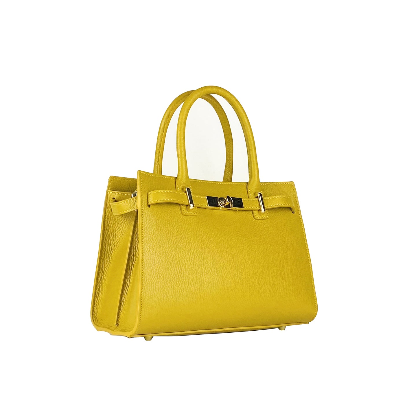 Yellow handbag with a gold clasp on a white background