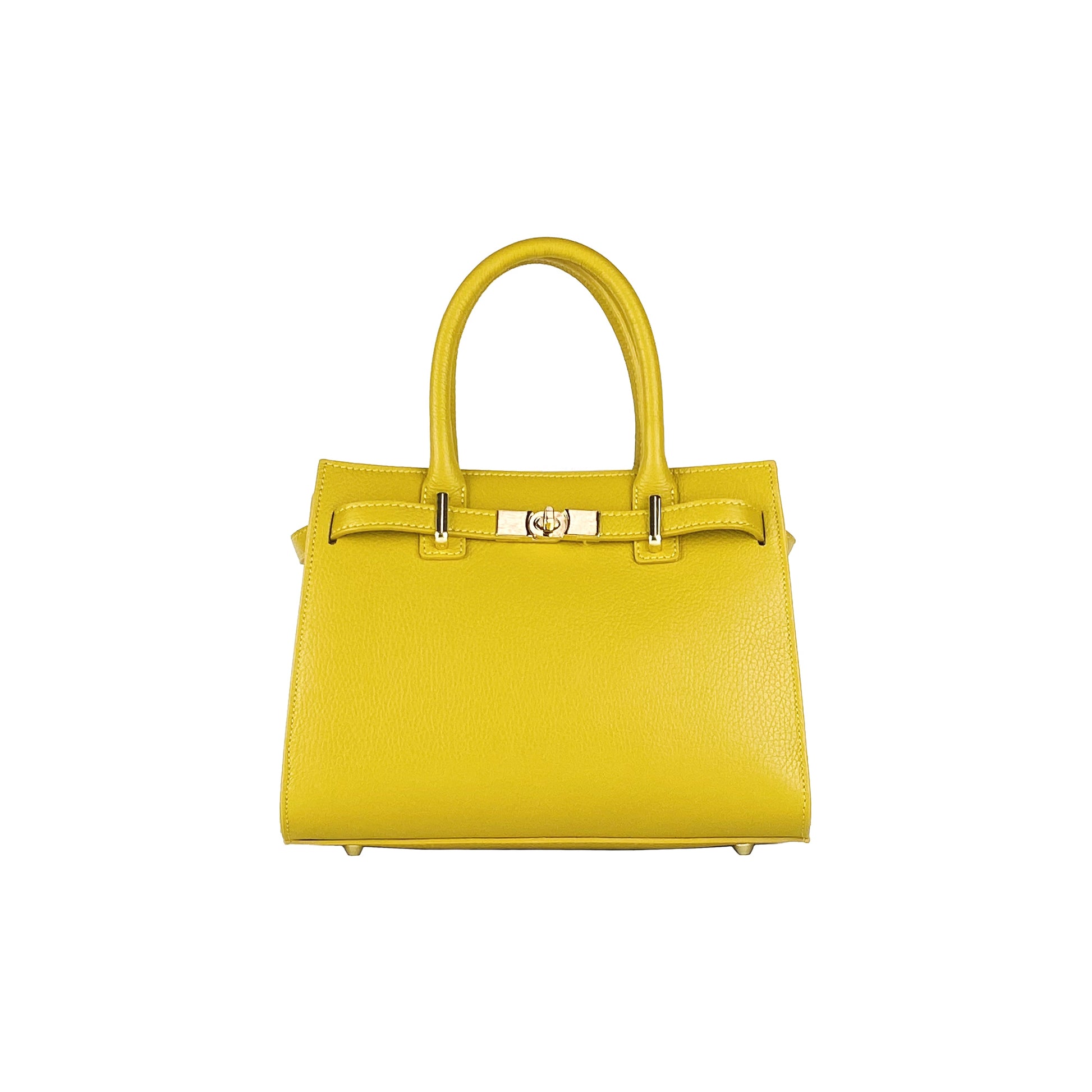 Yellow handbag with a gold clasp on a white background