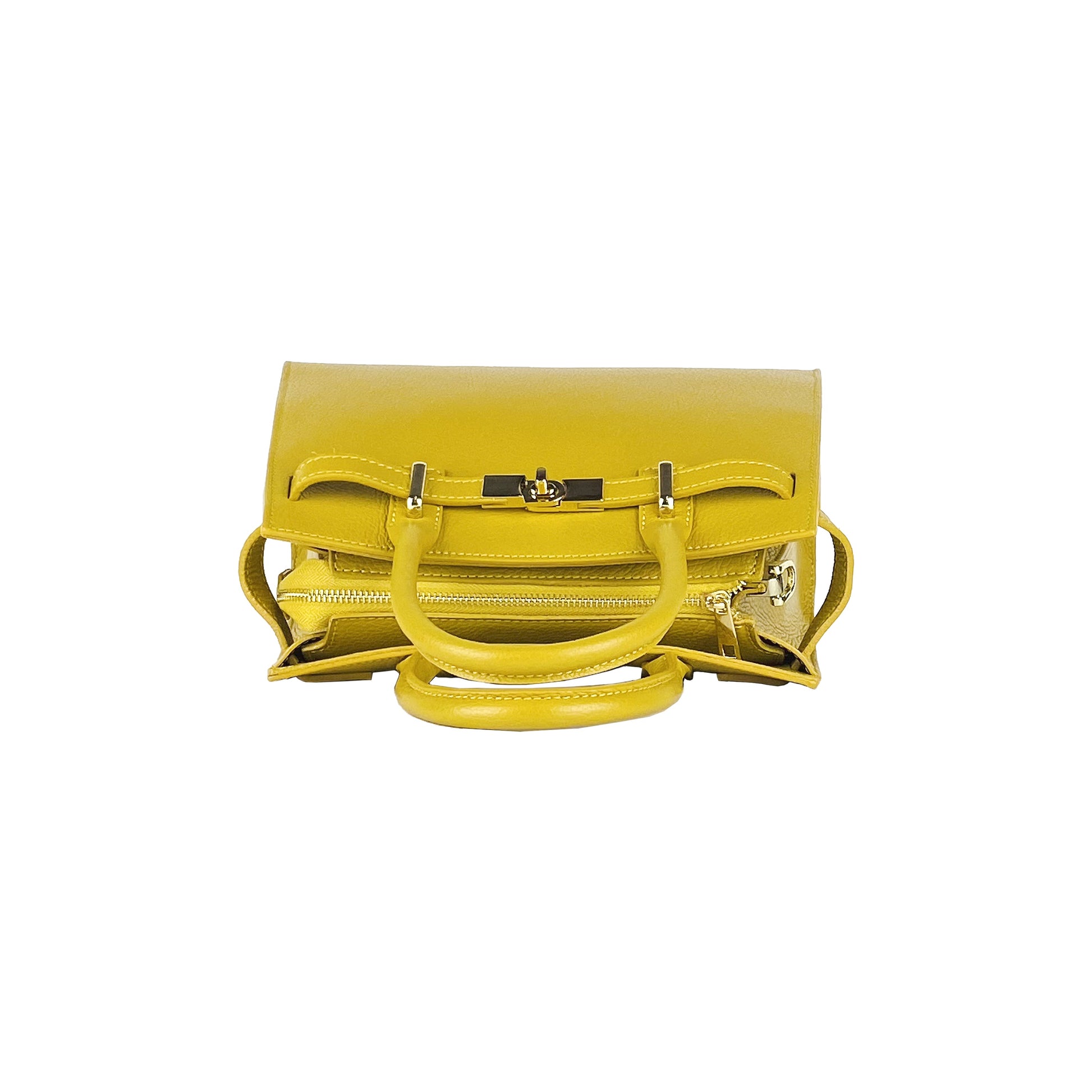 Yellow handbag with gold accents on a white background