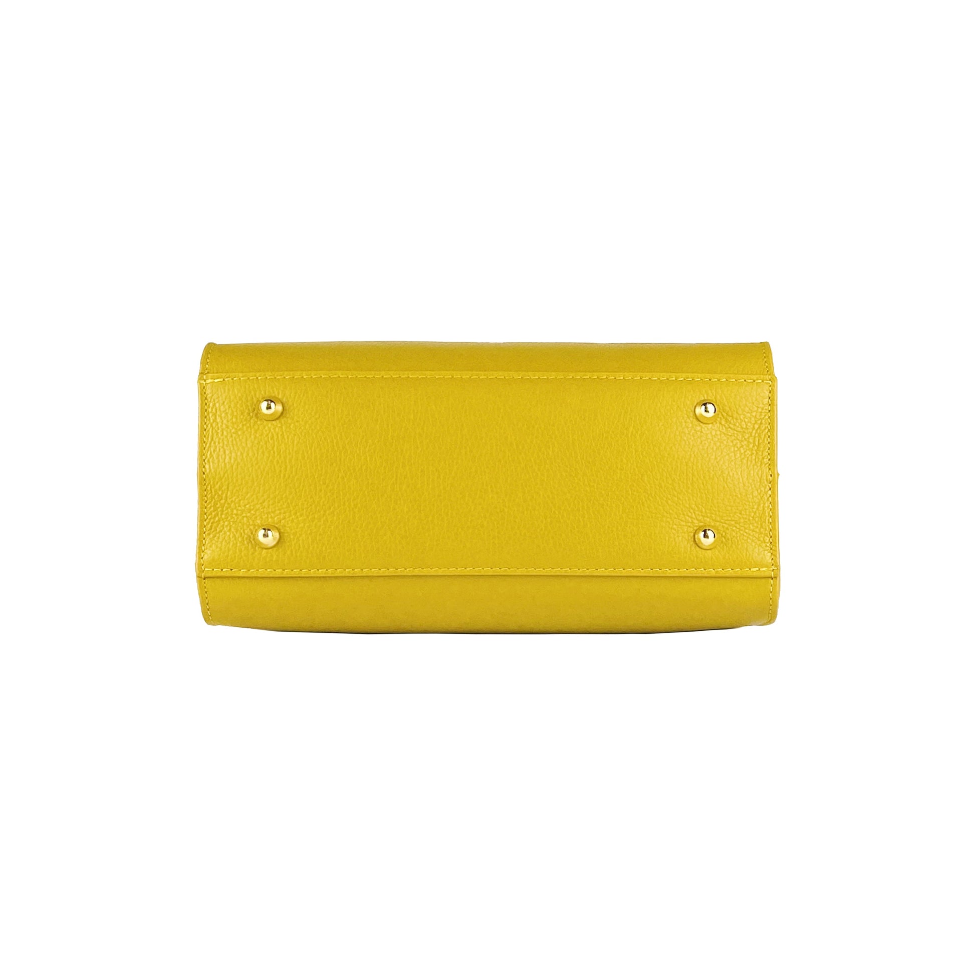 Yellow clutch bag with silver studs on a white background