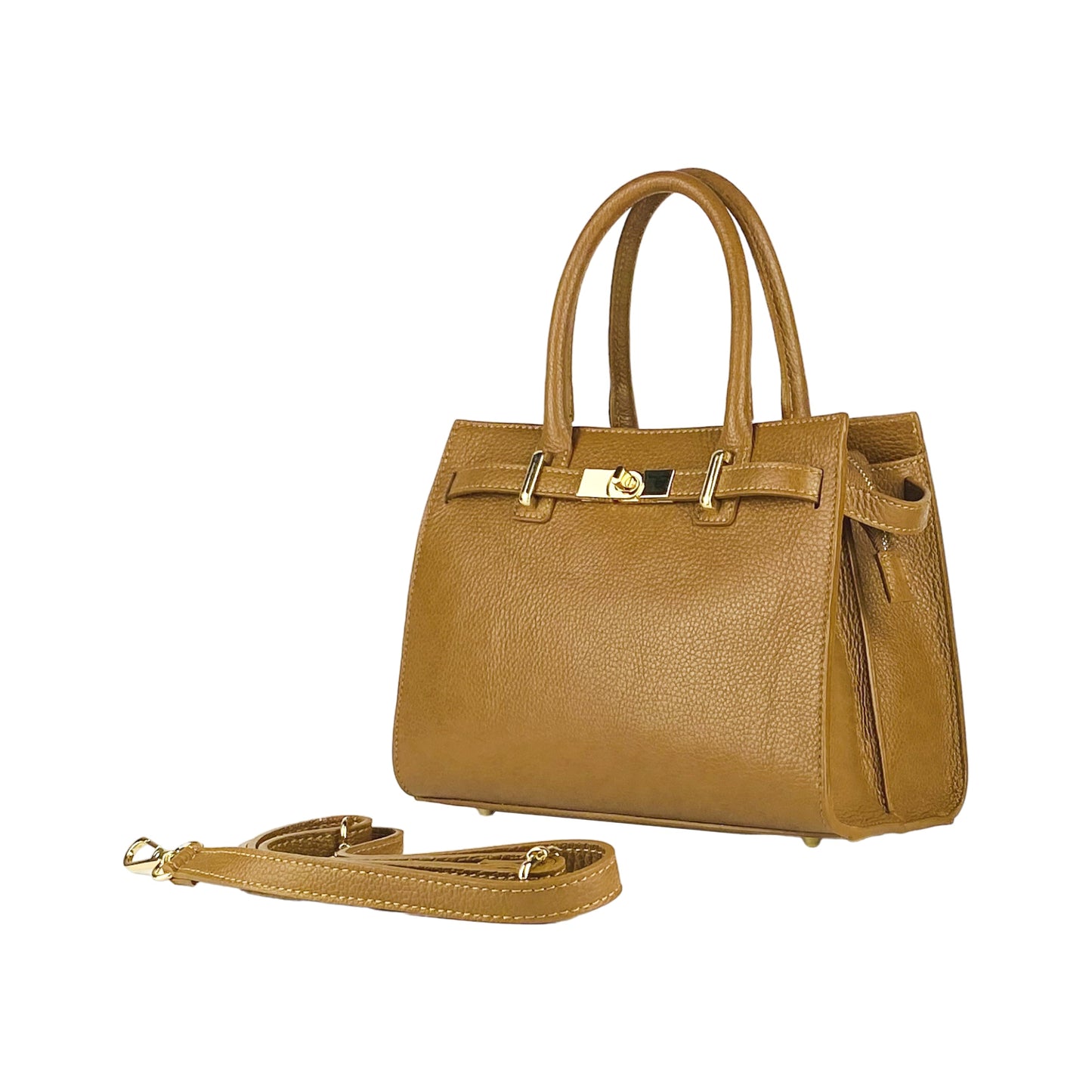 Brown handbag with a matching crossbody strap on a white background