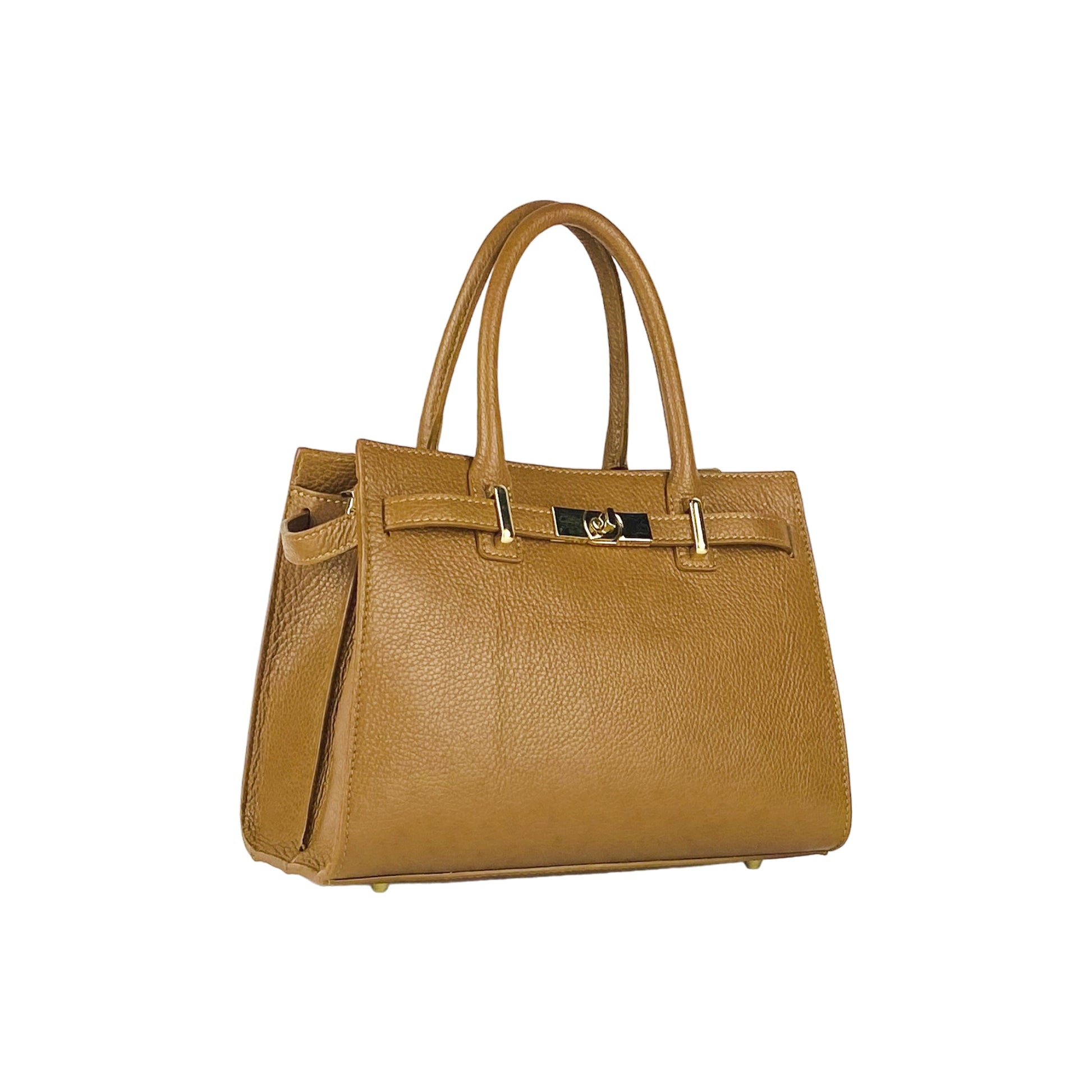 Brown leather handbag with gold hardware on a white background