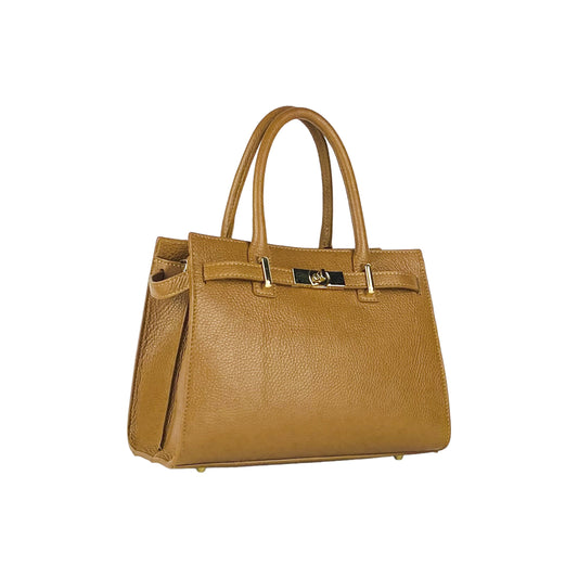 Brown leather handbag with gold hardware on a white background