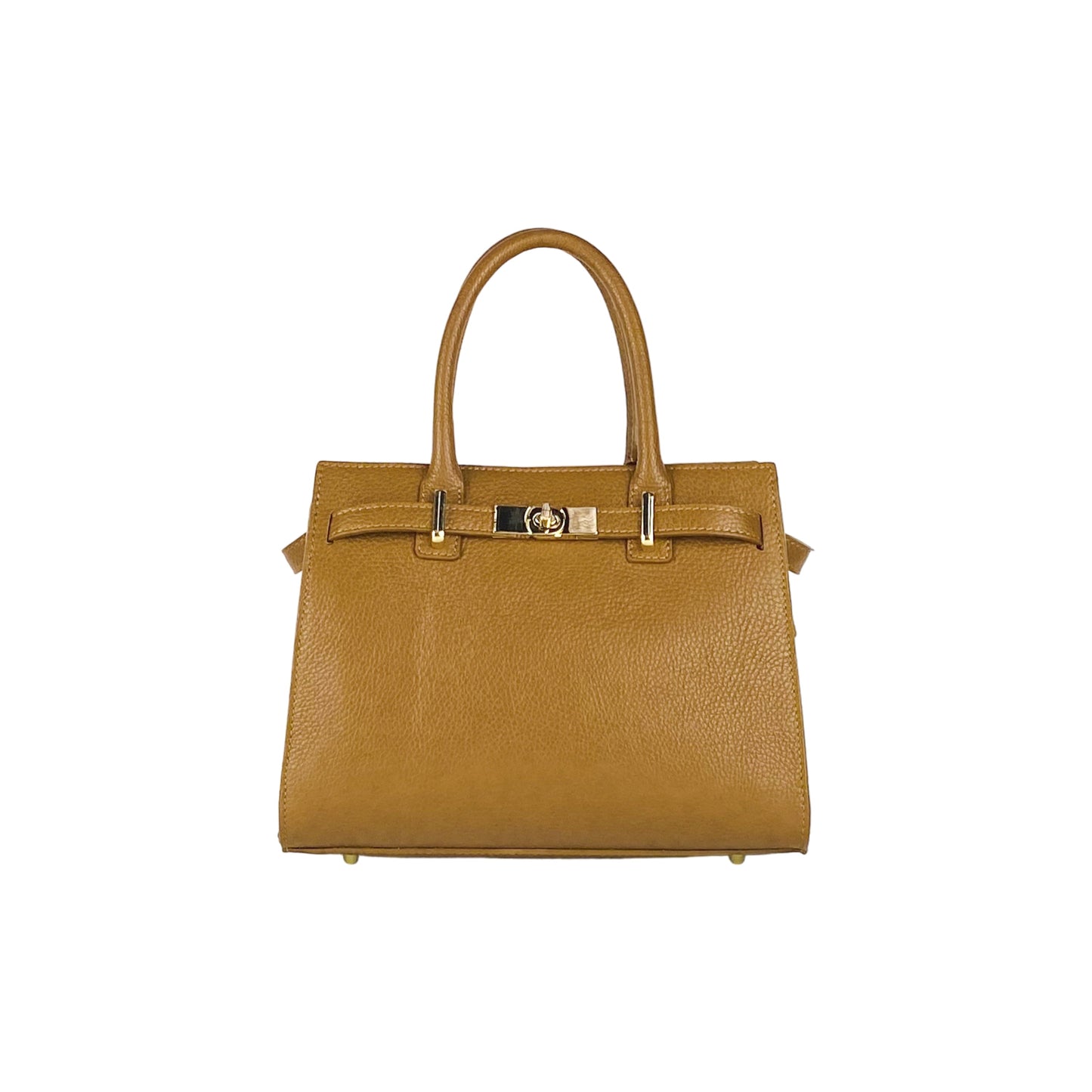 Brown leather handbag with gold hardware on a white background