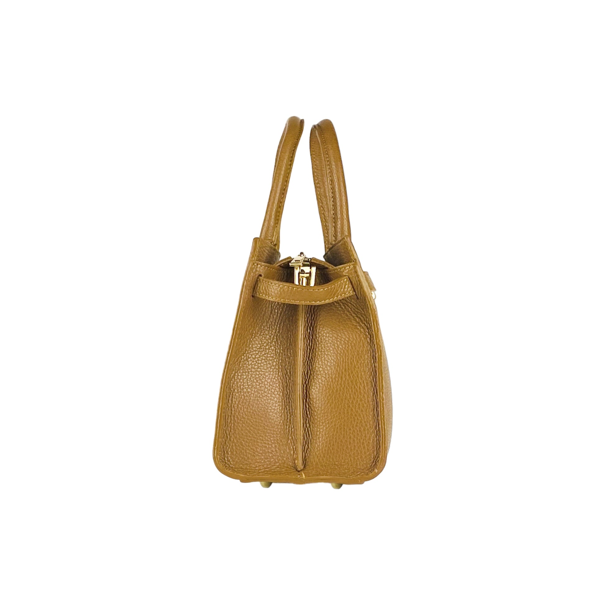 Brown leather handbag with gold zipper on a white background
