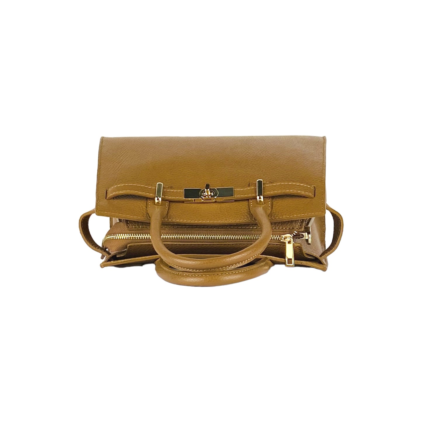 Tan leather handbag with gold accents on a white background
