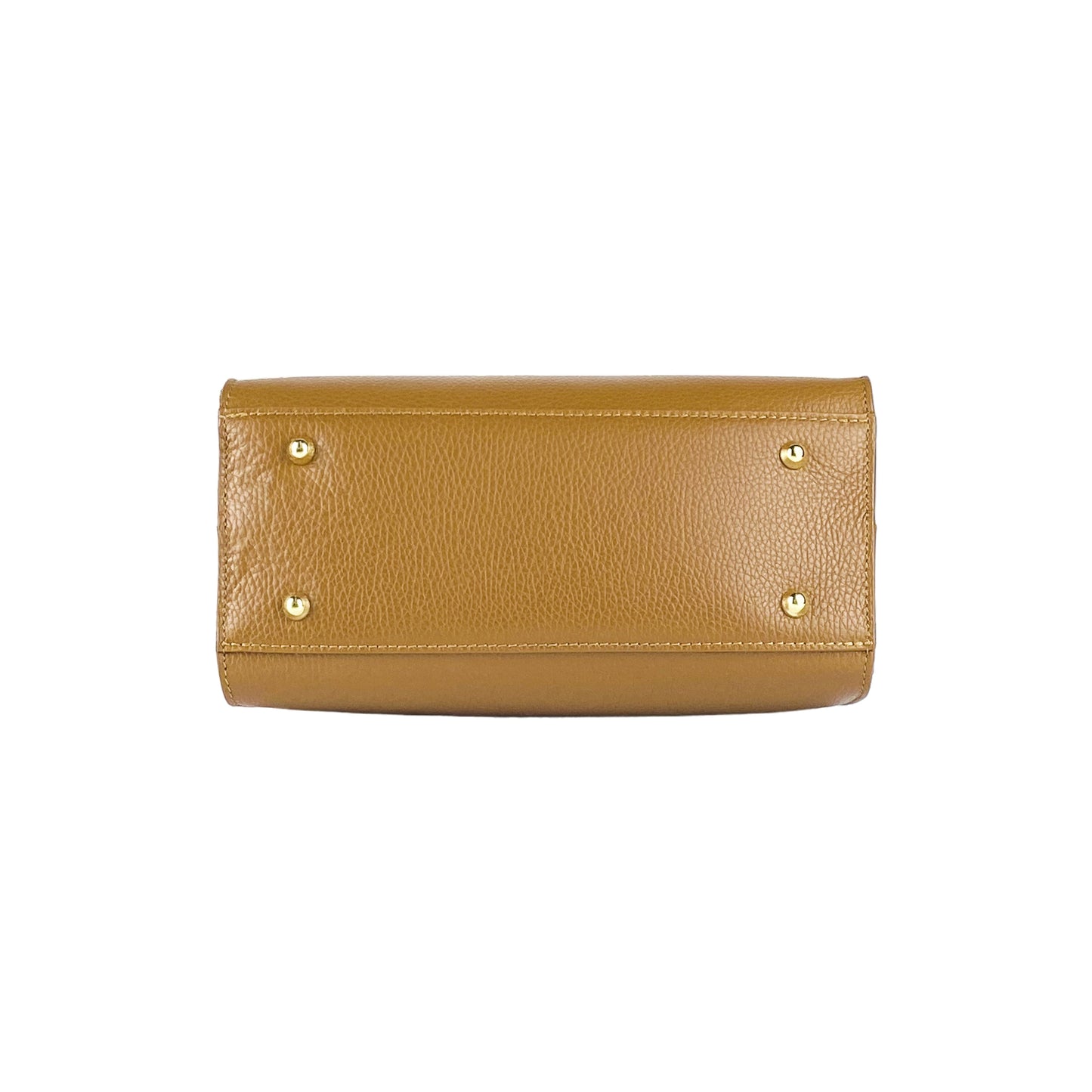 Brown leather clutch bag with gold studs on a white background