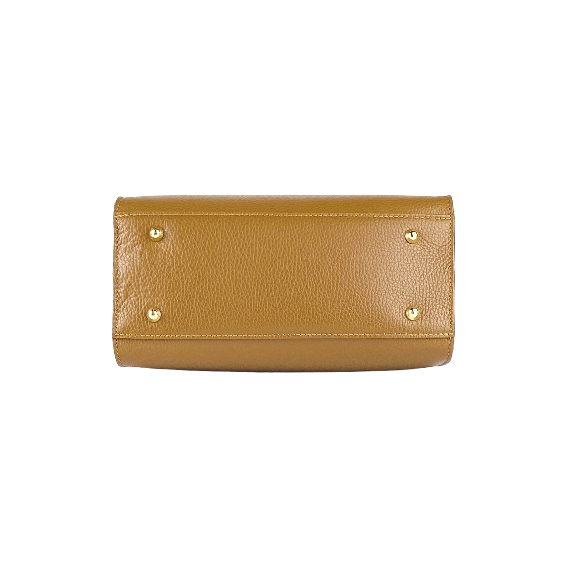 Brown leather clutch bag with gold studs on a white background