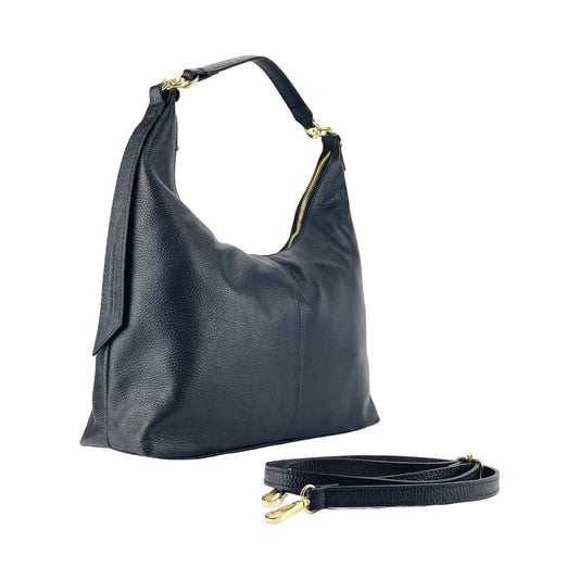 Black leather handbag with a matching strap on a white background