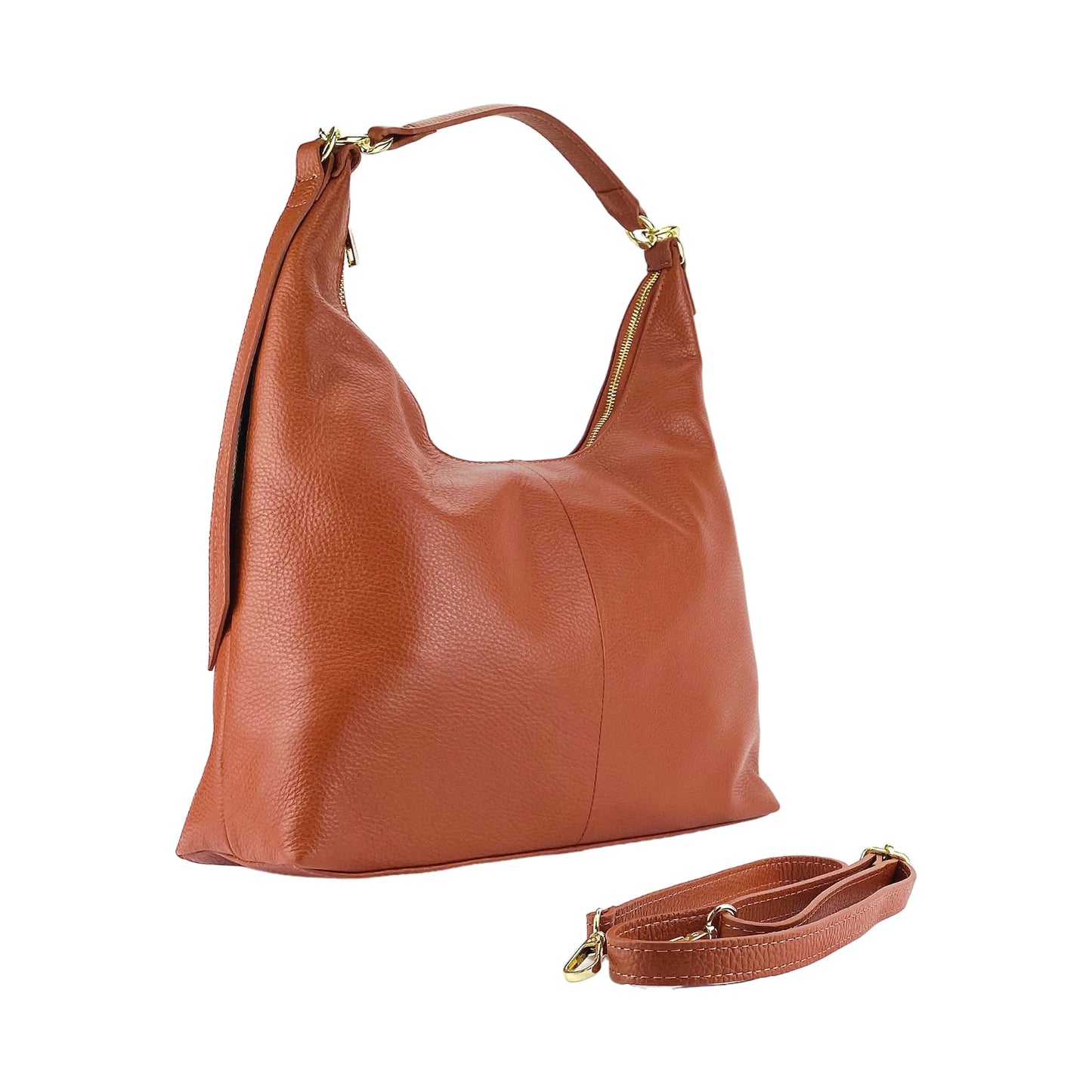 Brown leather handbag with matching strap on a white background