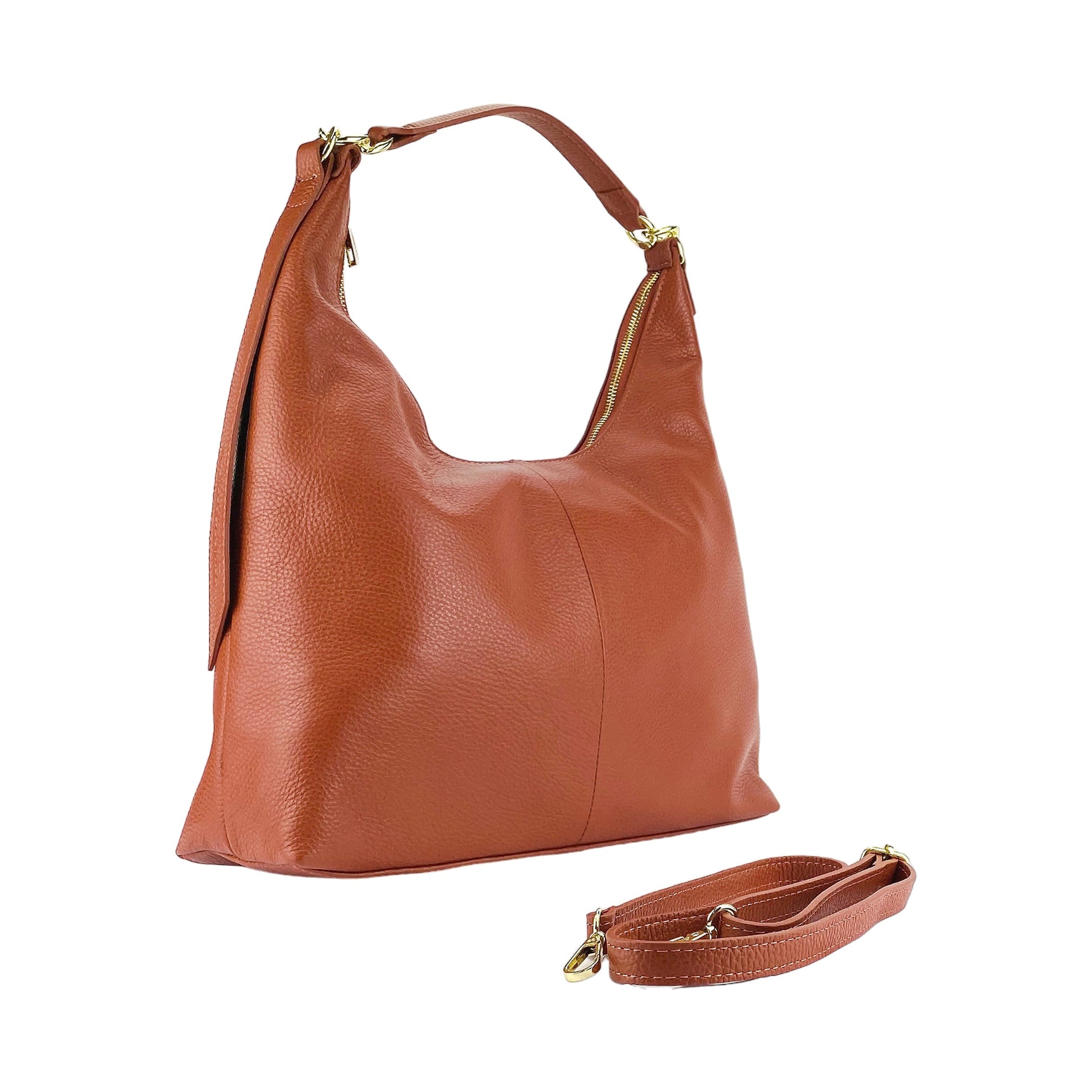 Brown leather handbag with matching strap on a white background