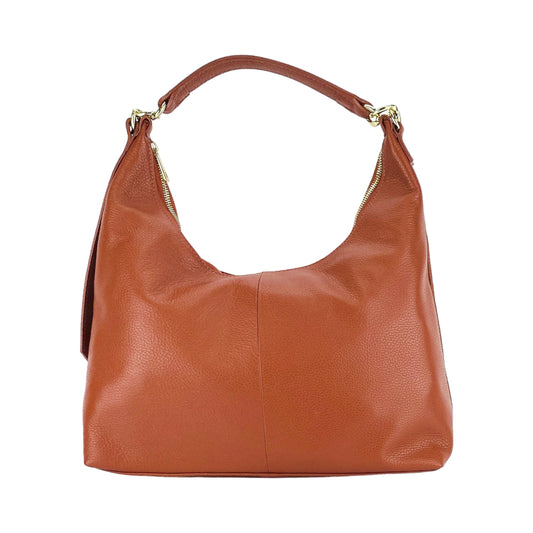 Brown leather handbag on a white background