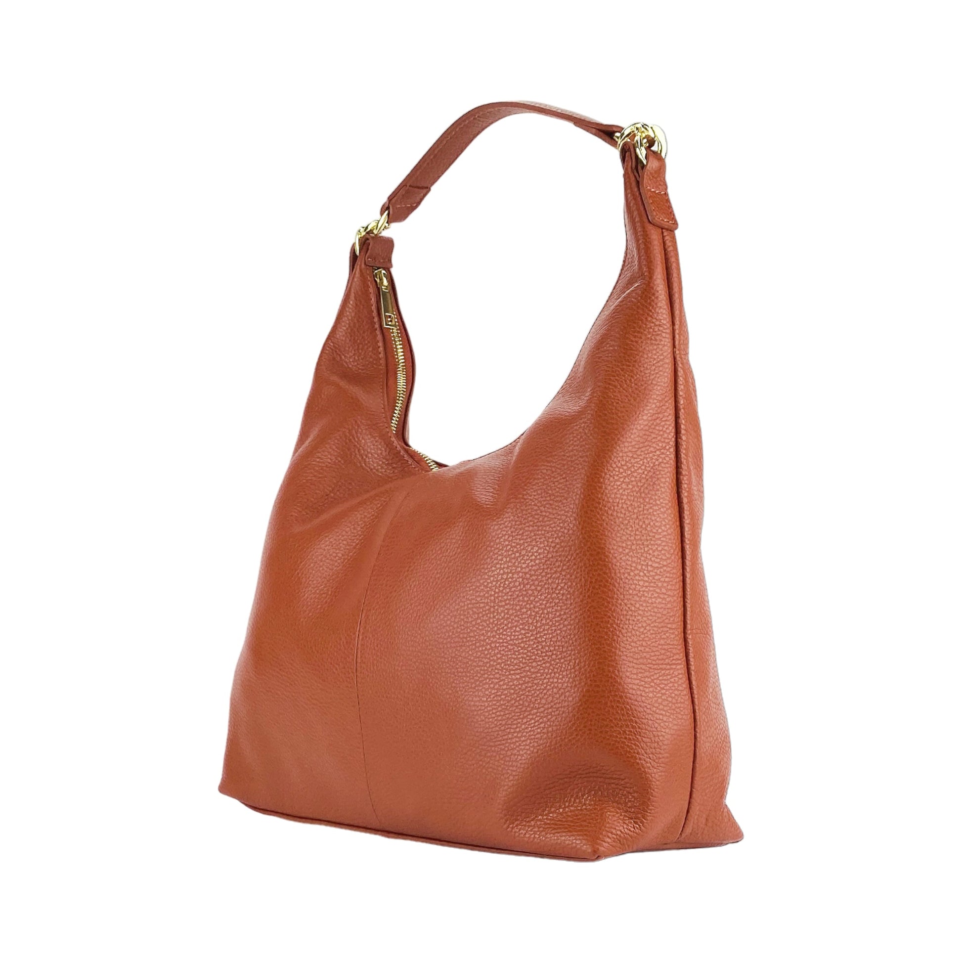 Brown leather handbag with a gold zipper on a white background