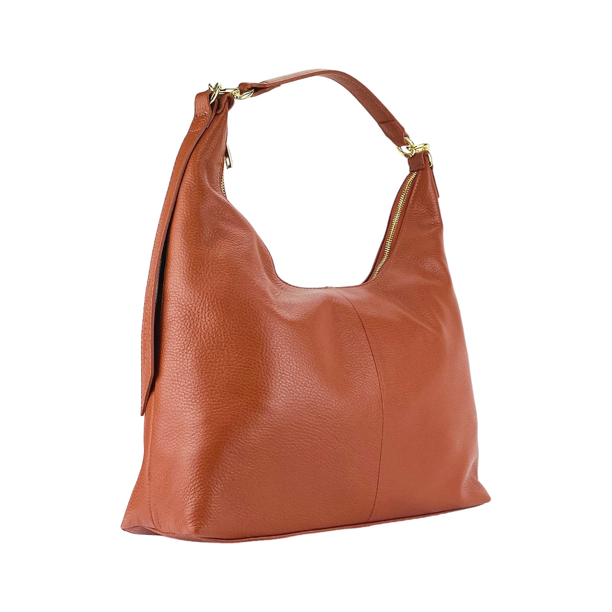 Brown leather handbag on a white background