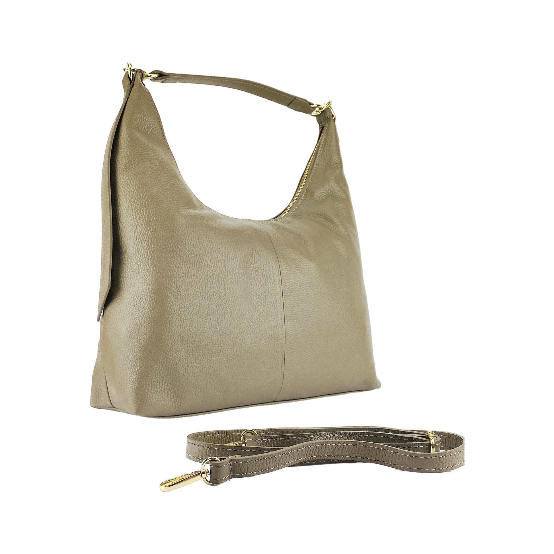 Beige handbag with a matching strap on a white background