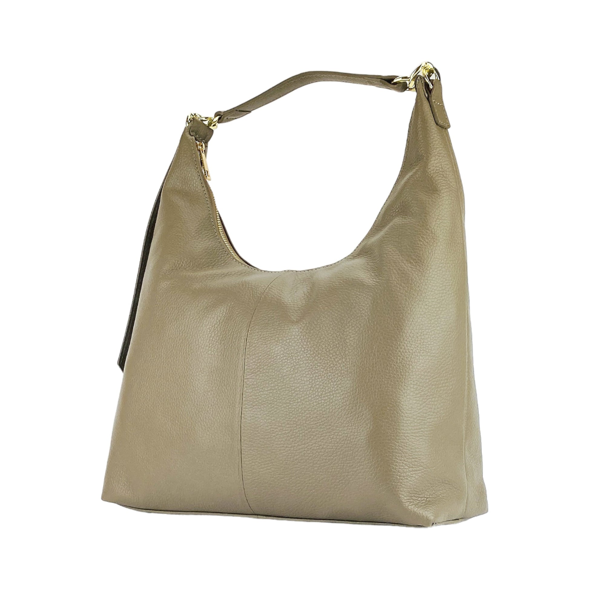 Beige handbag with a gold zipper on a white background