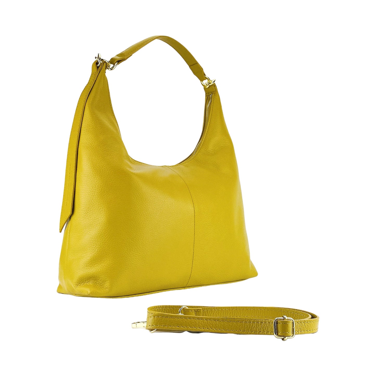 Yellow handbag with matching strap on a white background