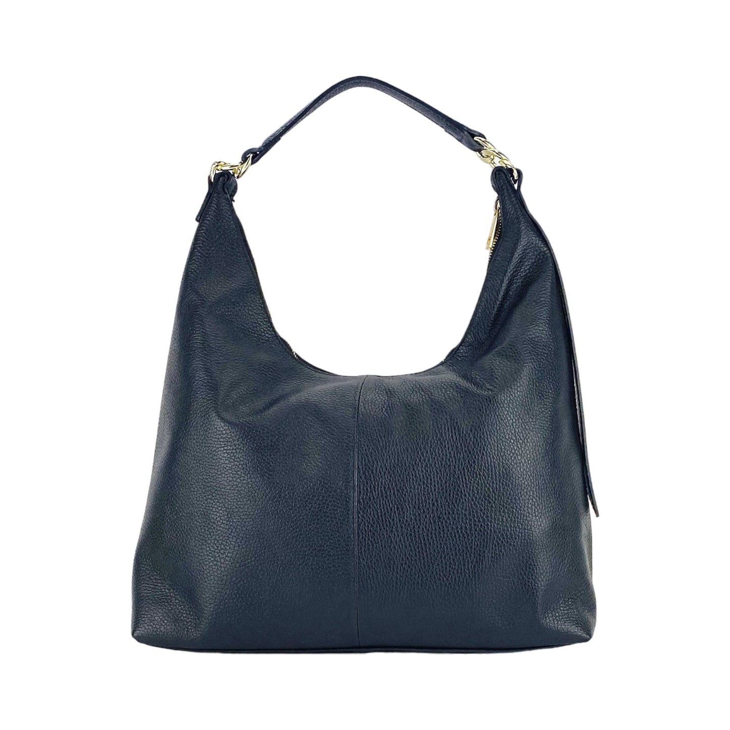 Navy blue handbag with gold hardware on a white background