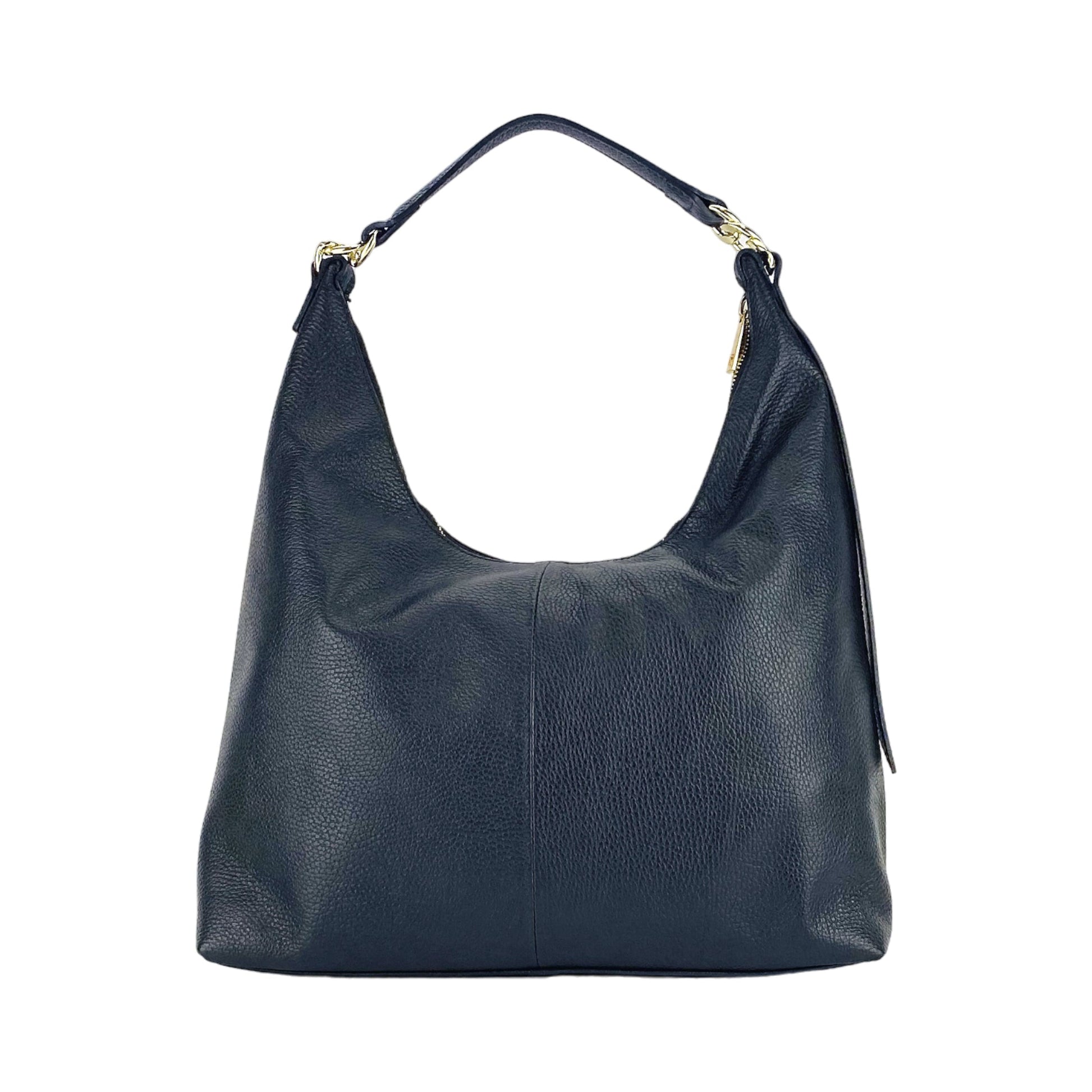 Navy blue handbag with gold hardware on a white background