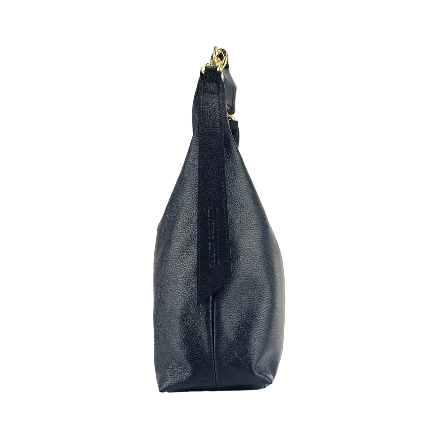 Black leather handbag with a gold clasp on a white background
