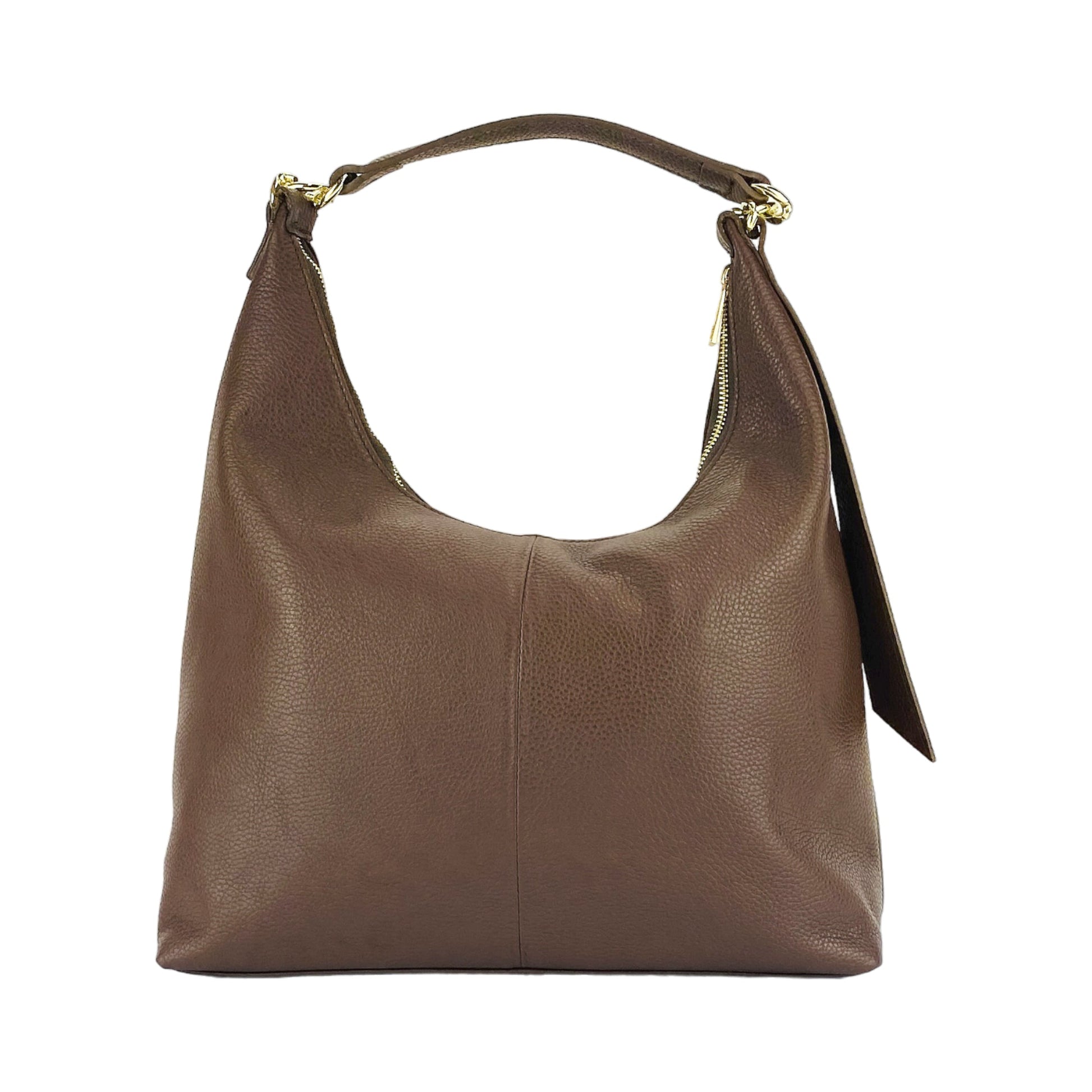 Brown leather handbag with gold zipper on a white background