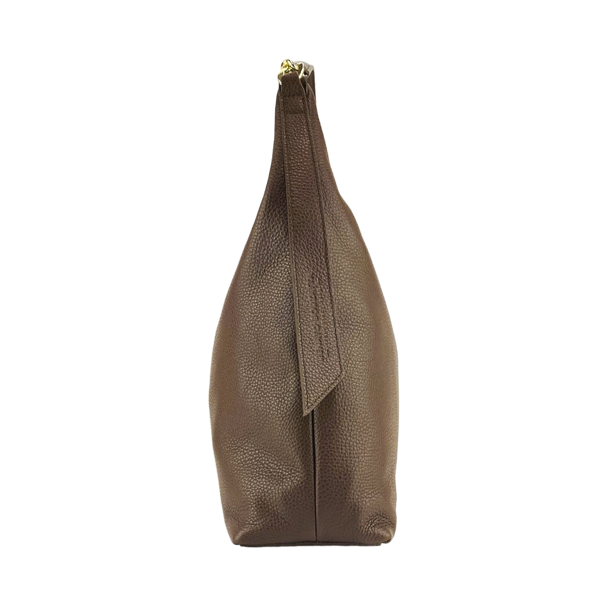 Brown leather handbag on a white background