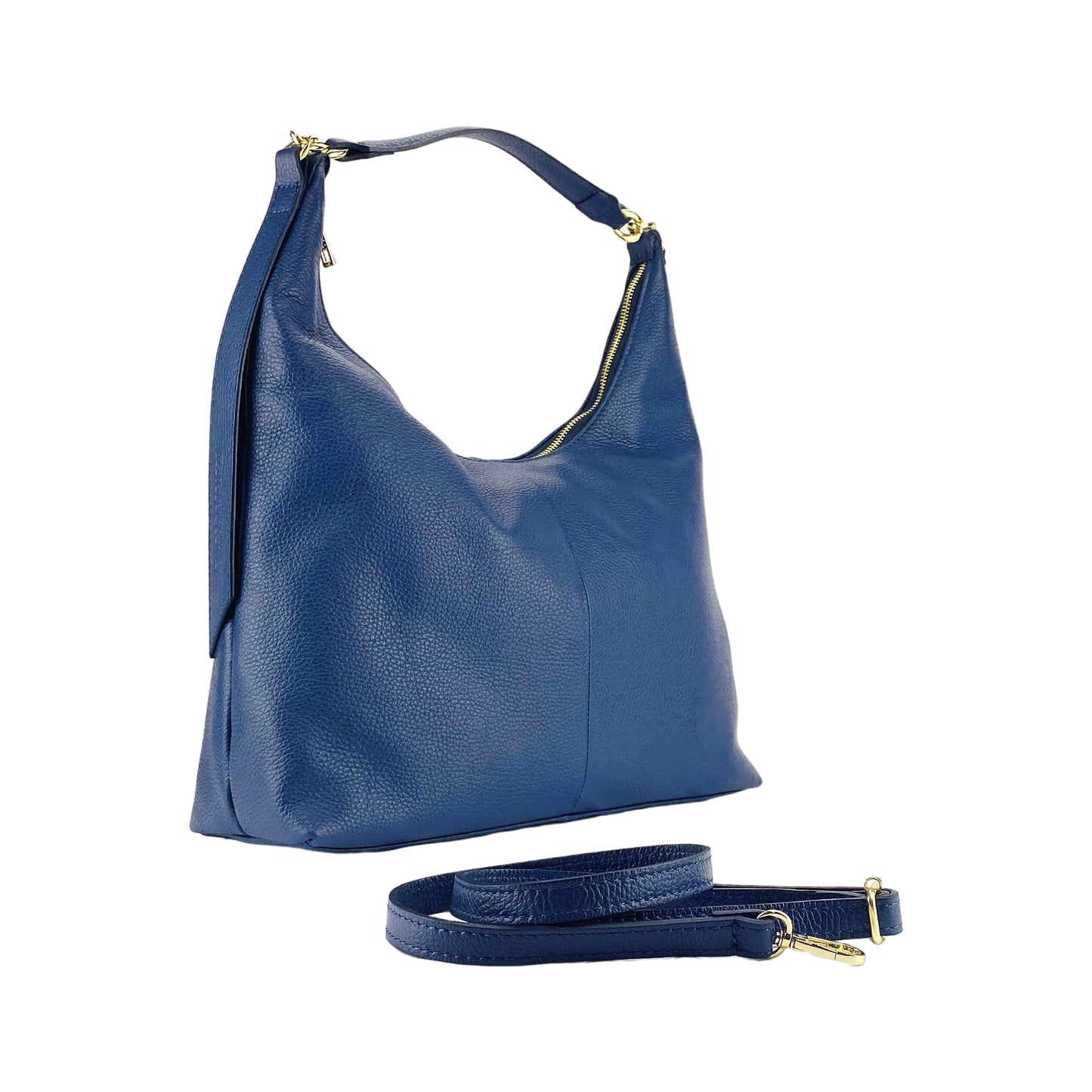 Blue handbag with matching strap on a white background