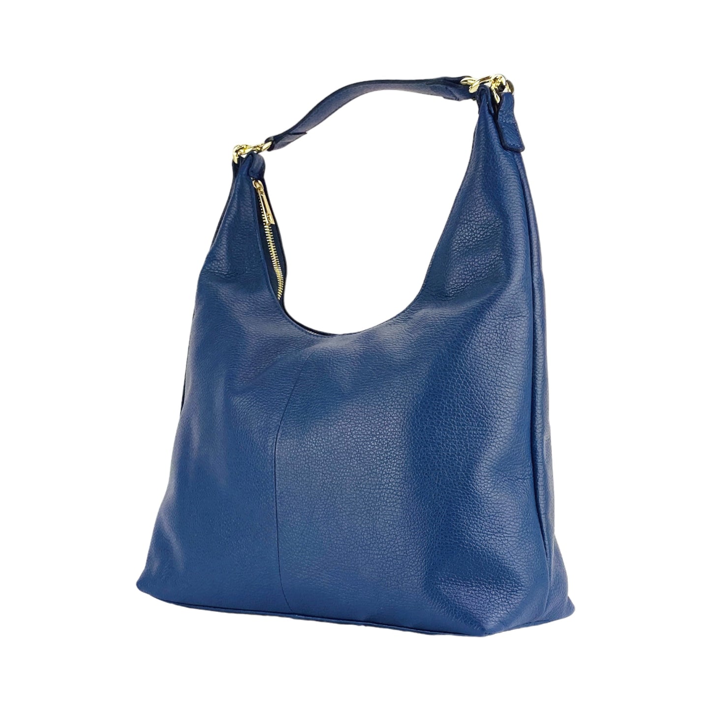 Blue handbag with gold zipper on a white background