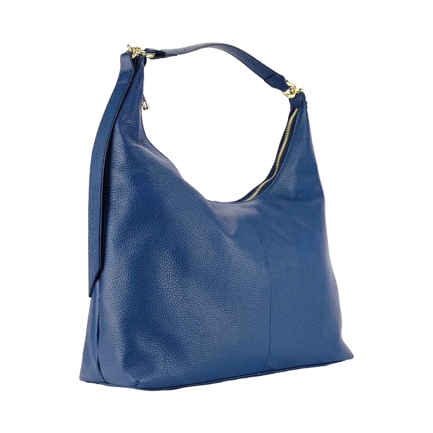 Blue handbag with gold accents on a white background