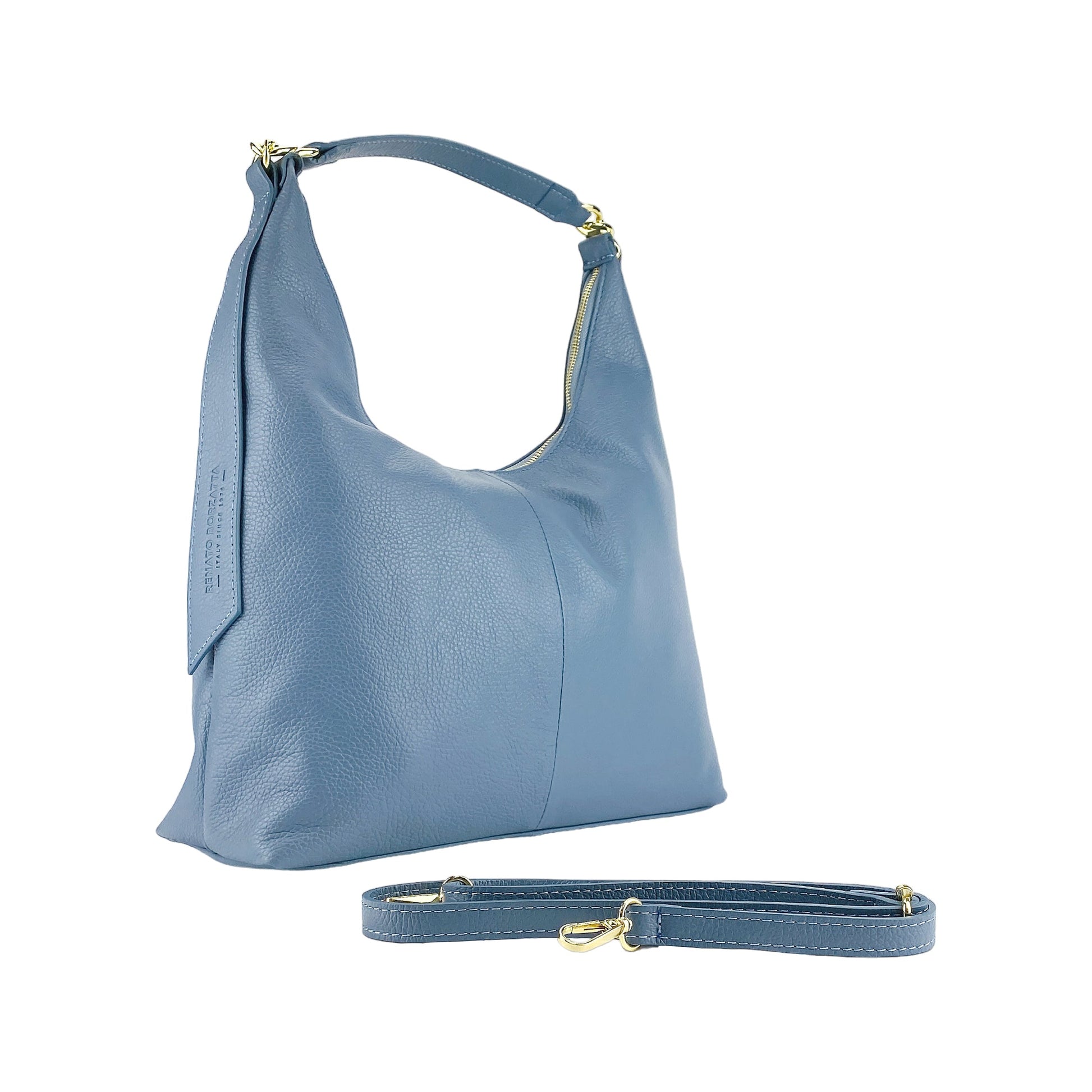 Blue handbag with a strap on a white background