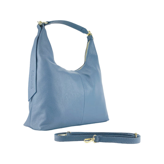 Blue handbag with a strap on a white background