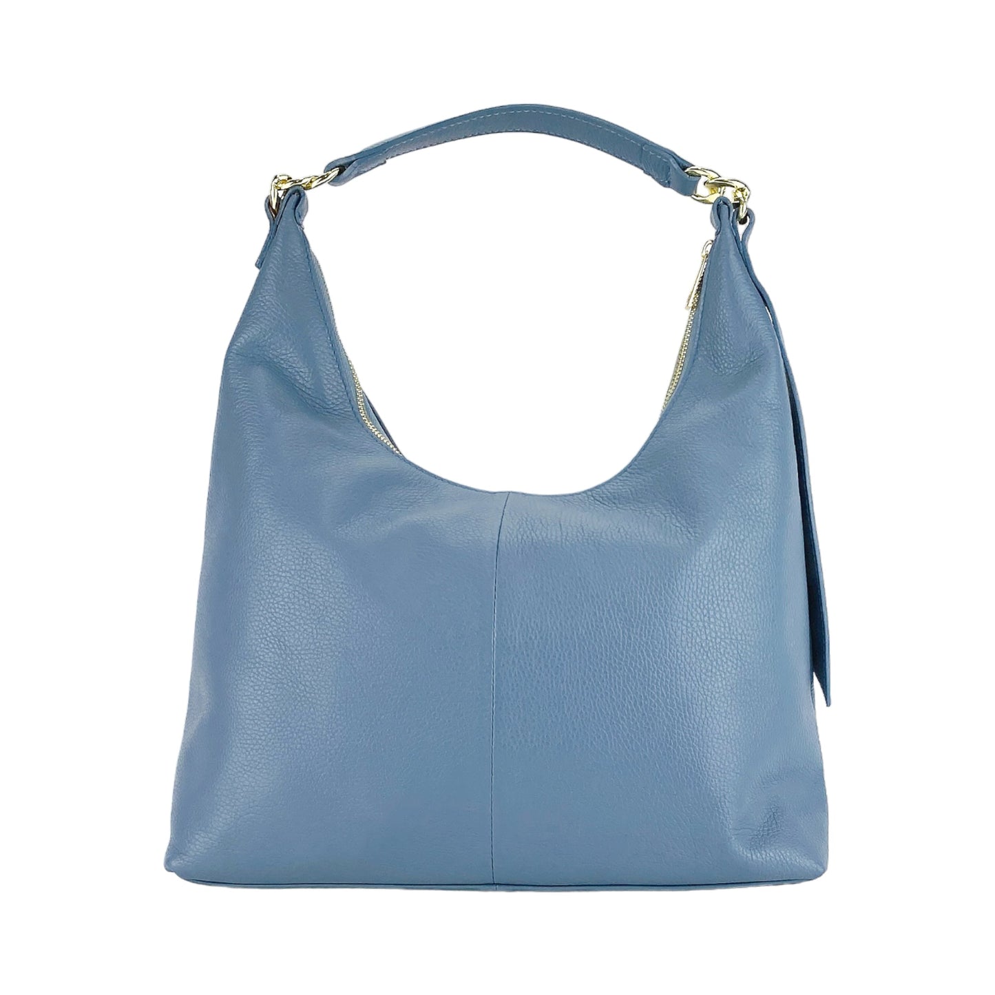 Blue handbag with a gold clasp on a white background