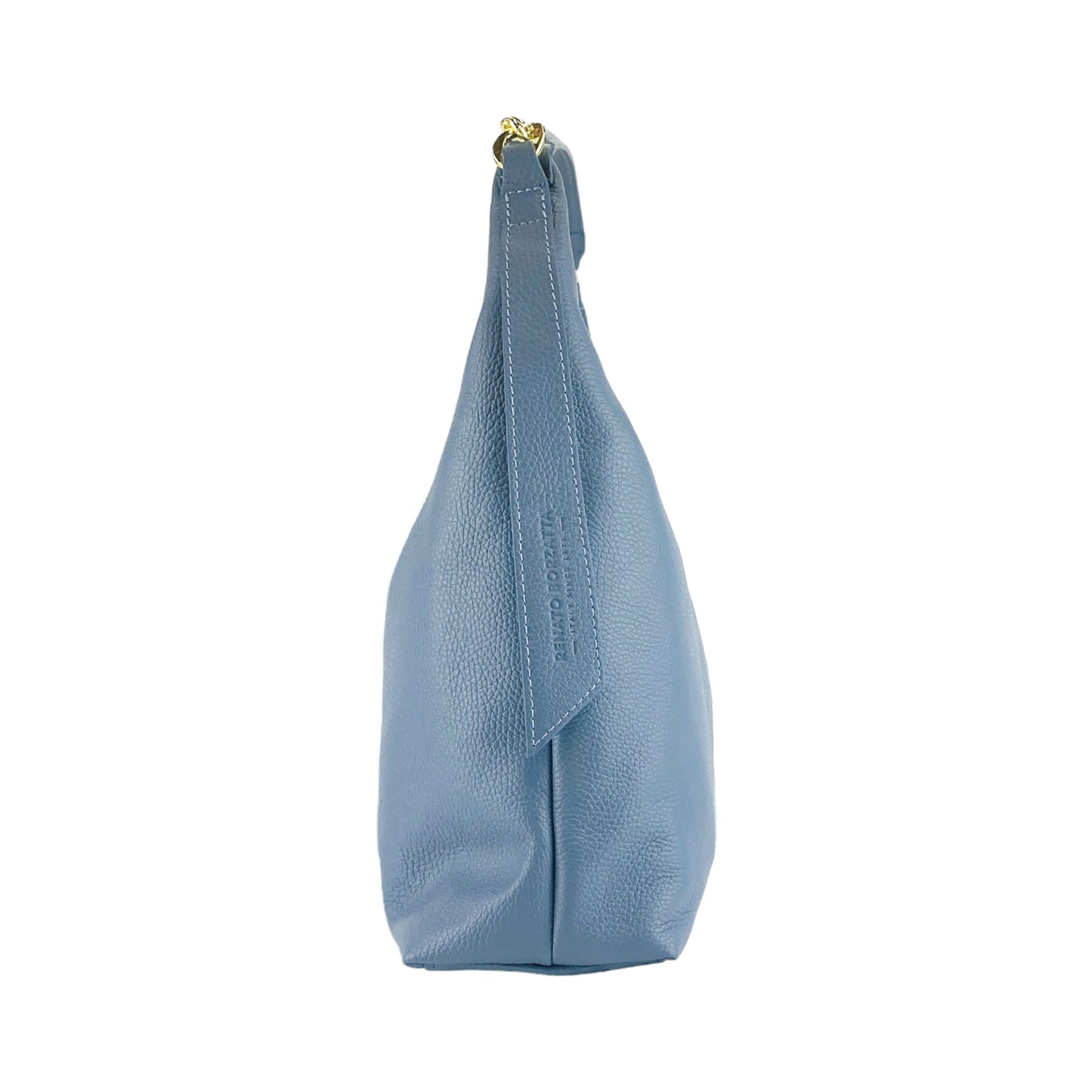 Light blue handbag with a gold zipper on a white background