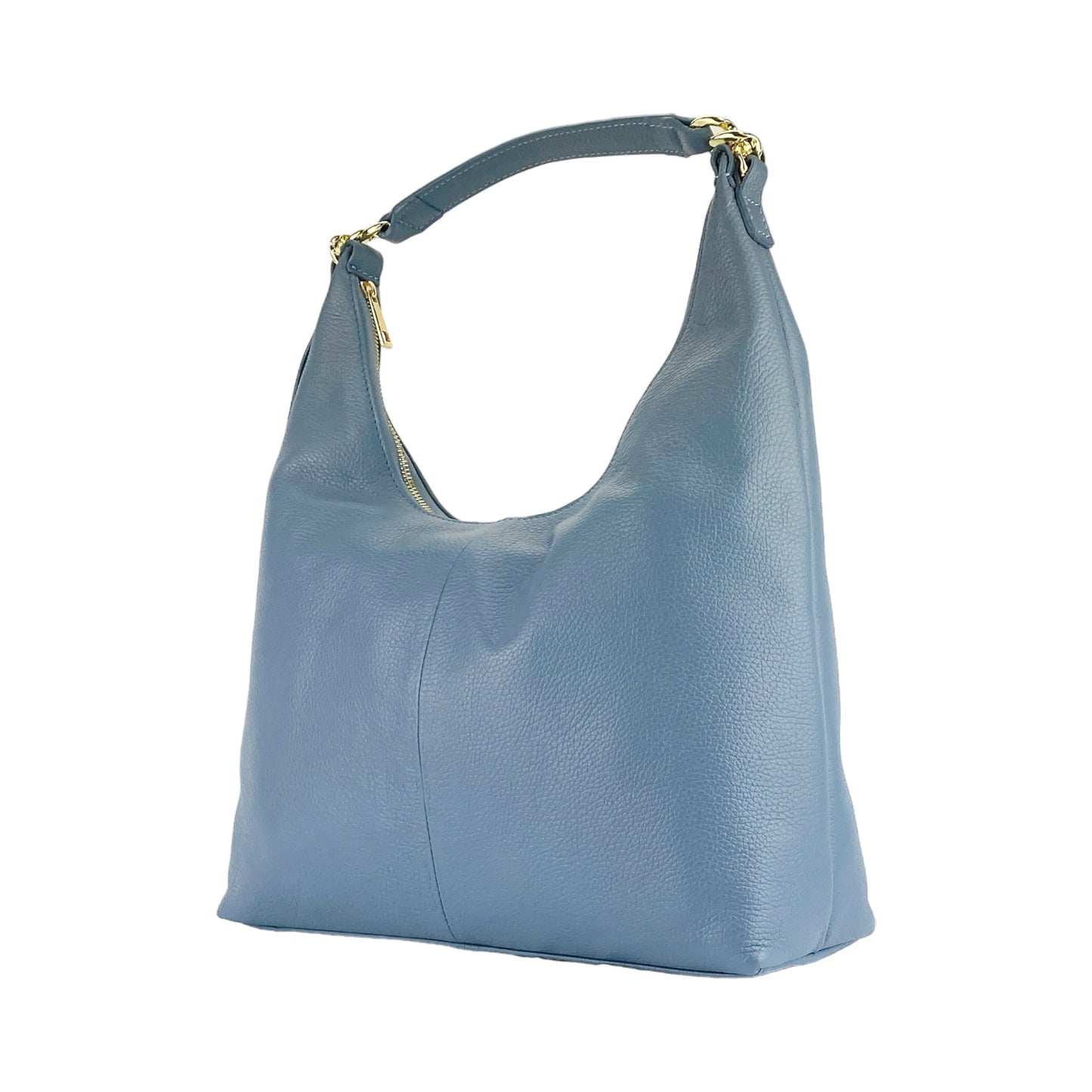 Blue handbag with gold zipper on a white background
