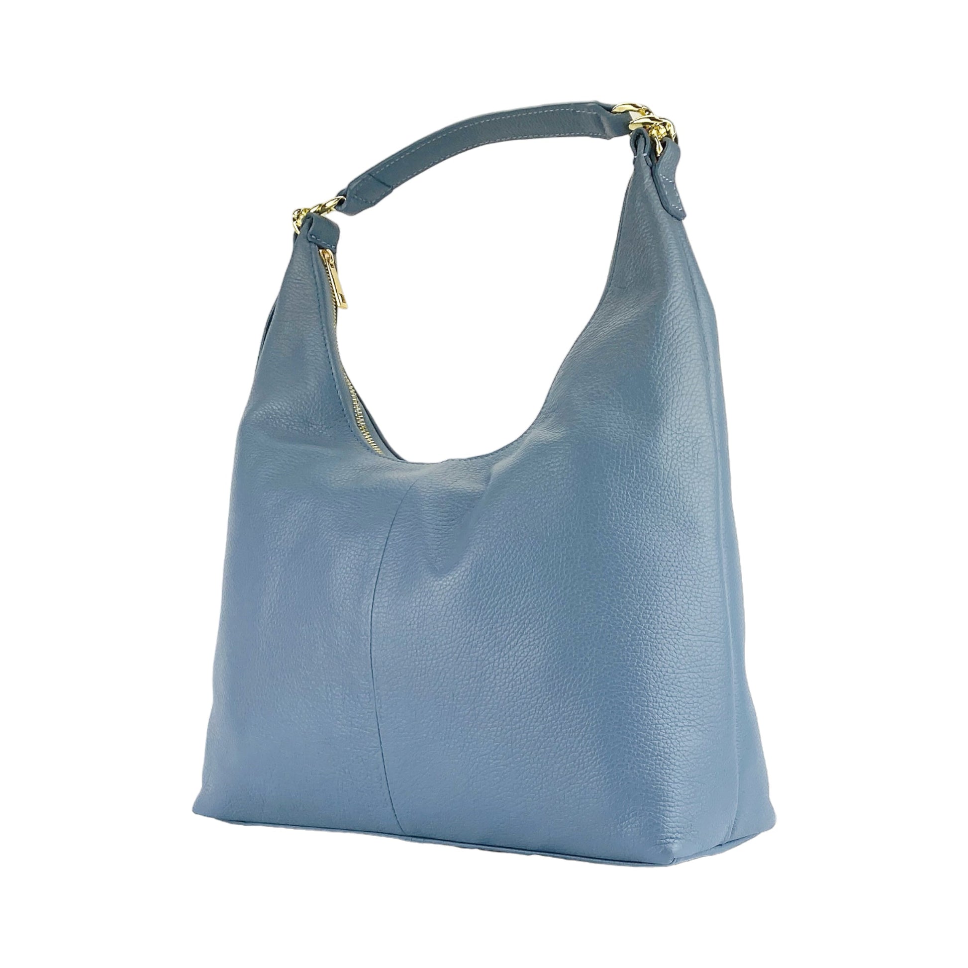 Blue handbag with gold zipper on a white background