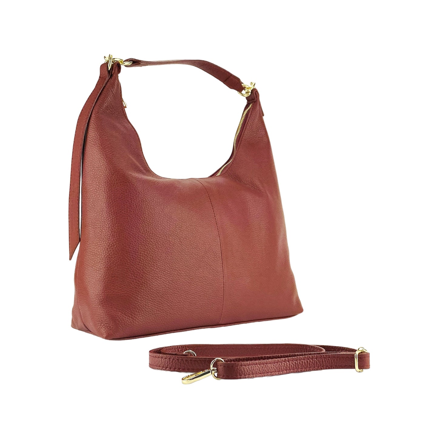 Brown leather handbag with a strap on a white background