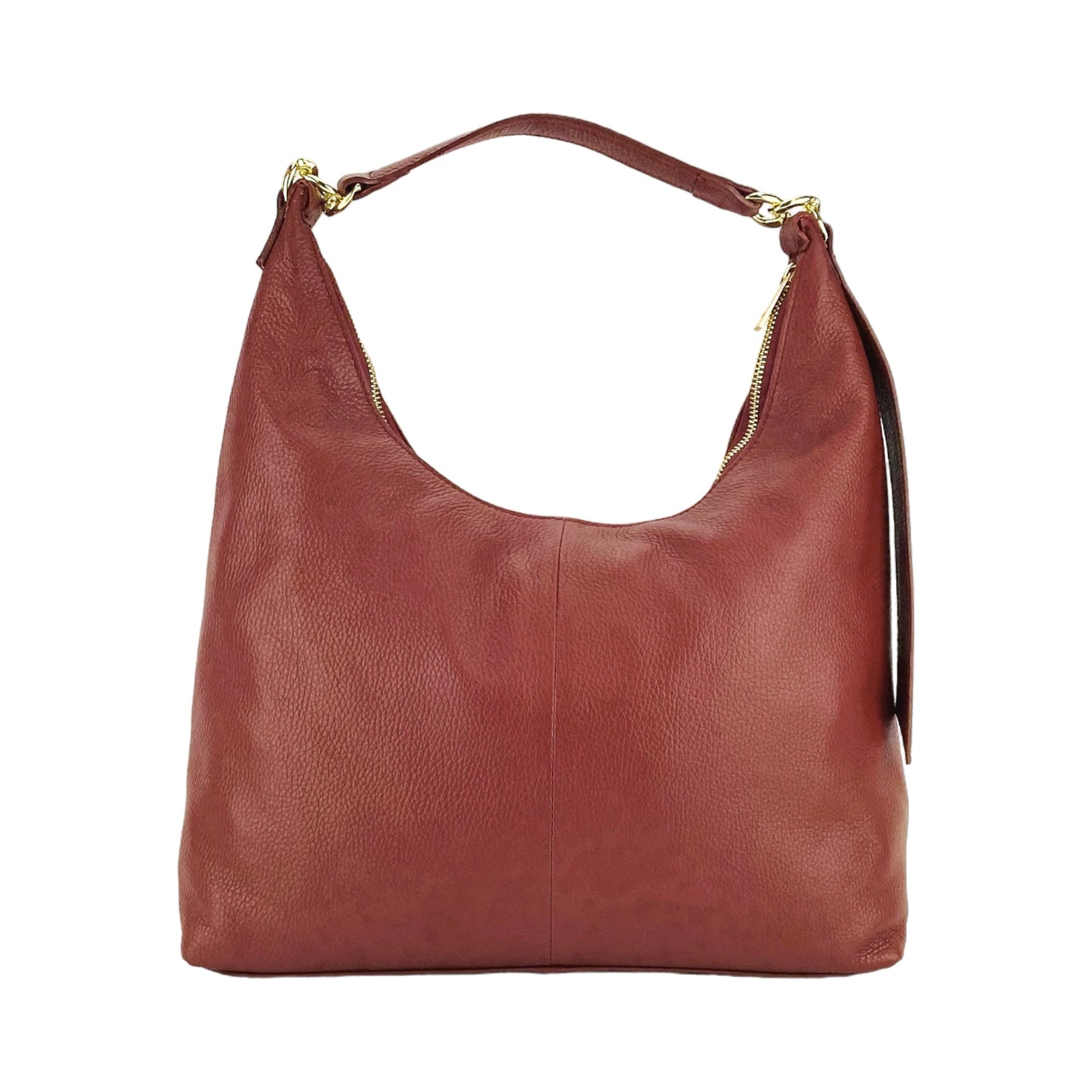 Brown leather handbag with gold accents on a white background