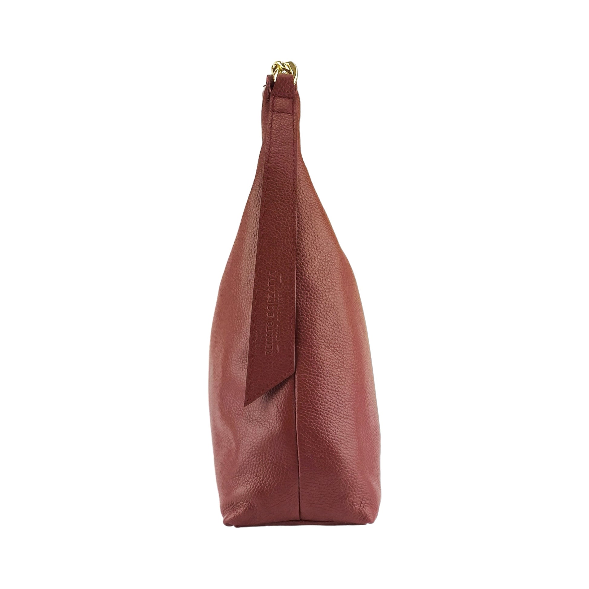 Brown leather handbag on a white background