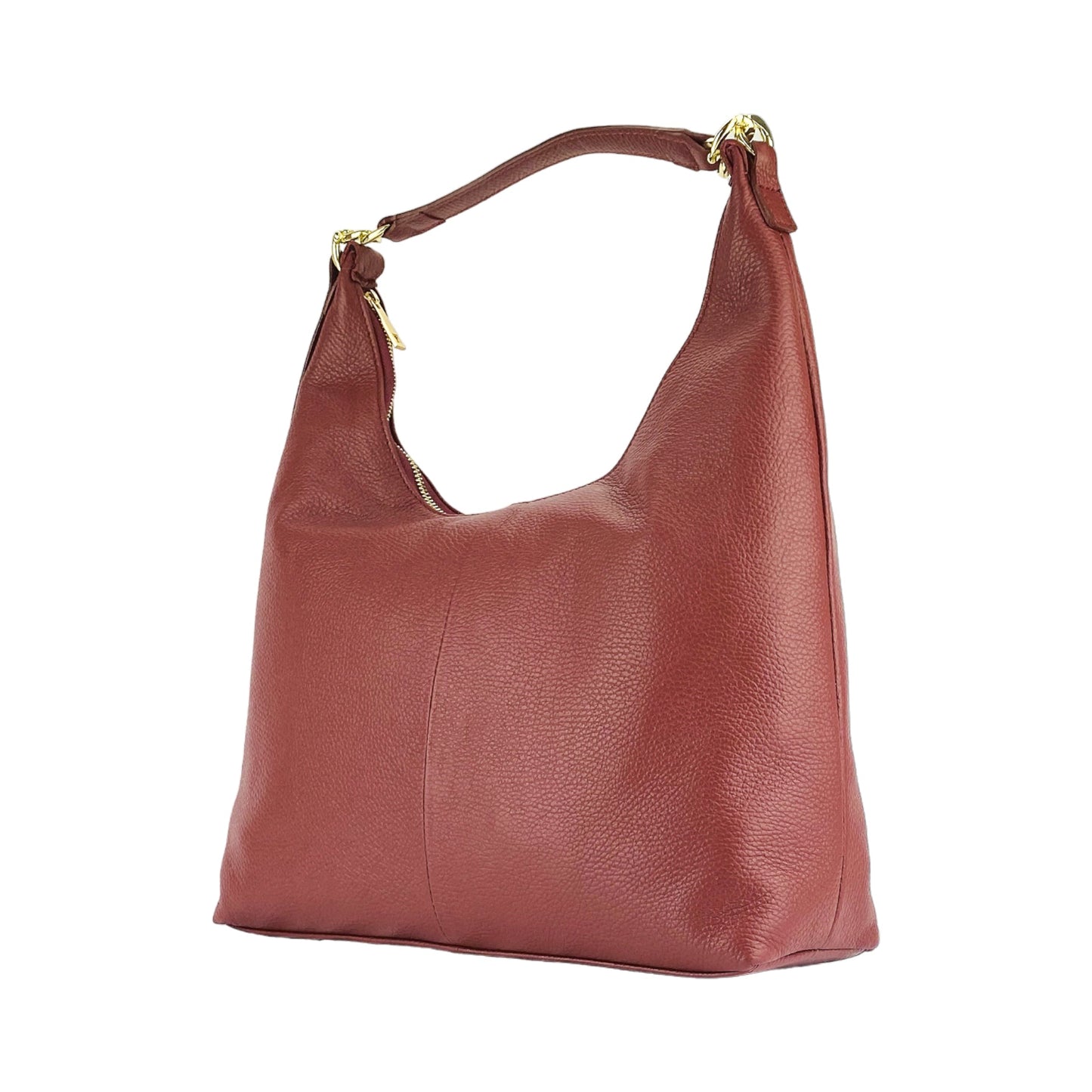 Brown leather handbag with gold accents on a white background