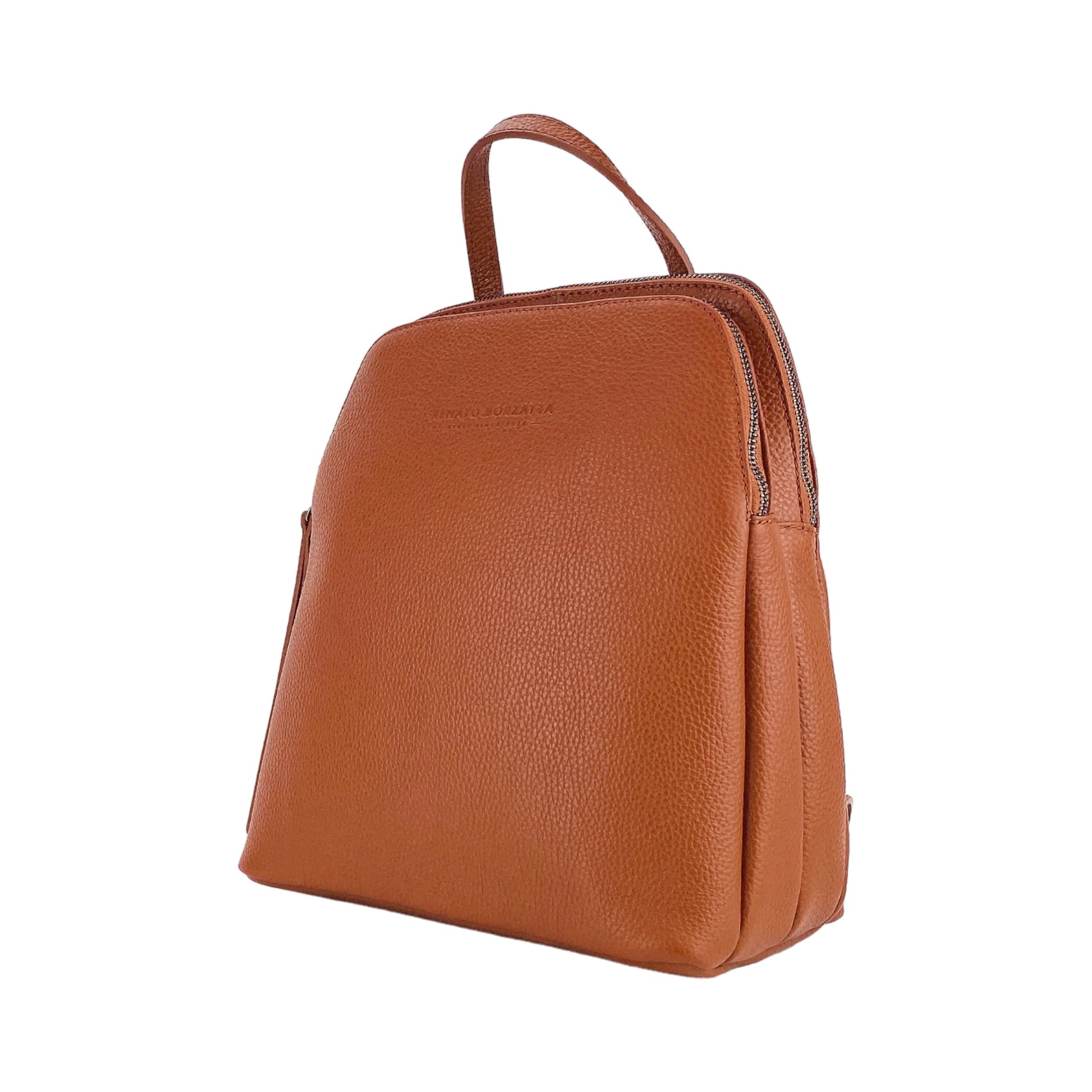 Brown leather backpack on a white background