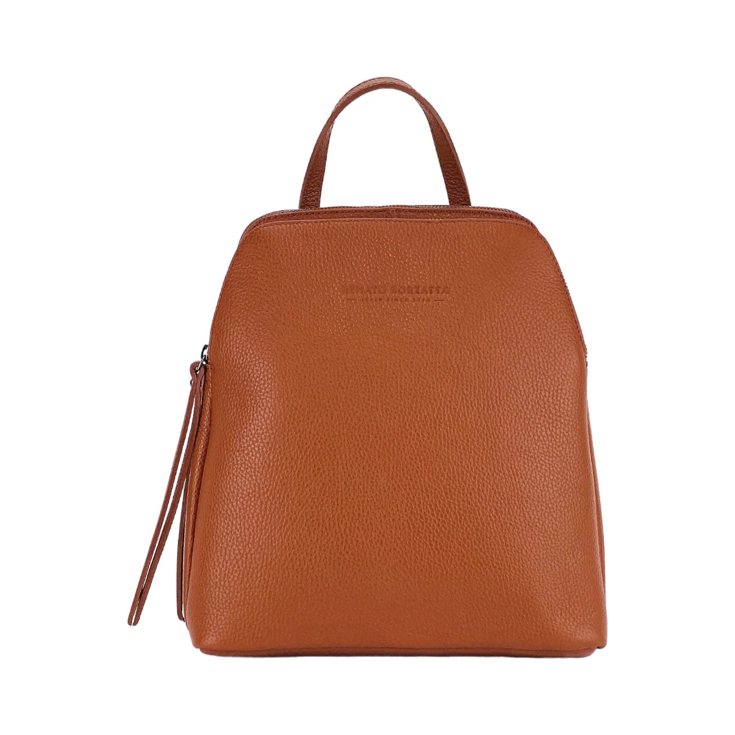 Brown leather backpack on a white background