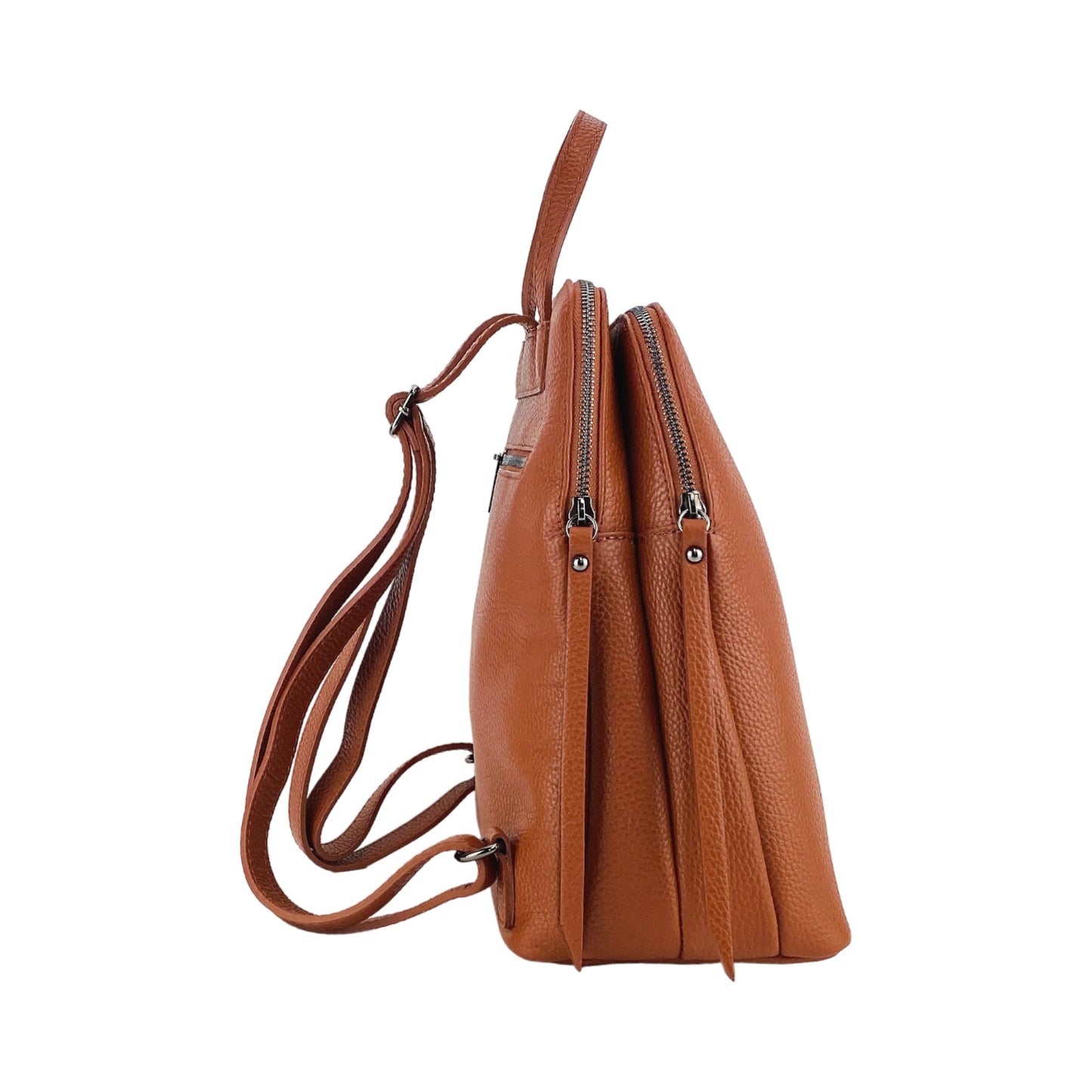 Brown leather backpack on a white background
