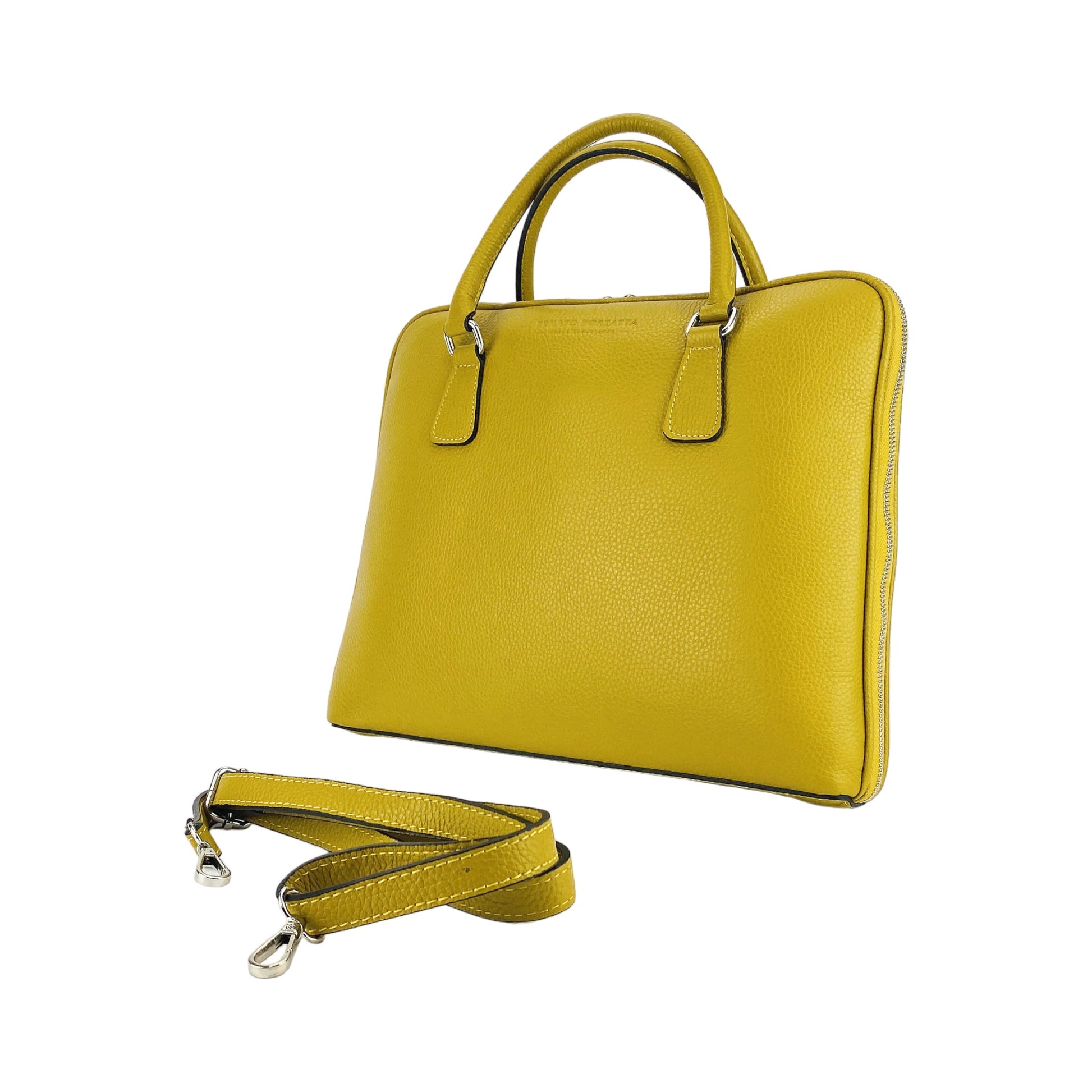 Yellow handbag with matching strap on a white background