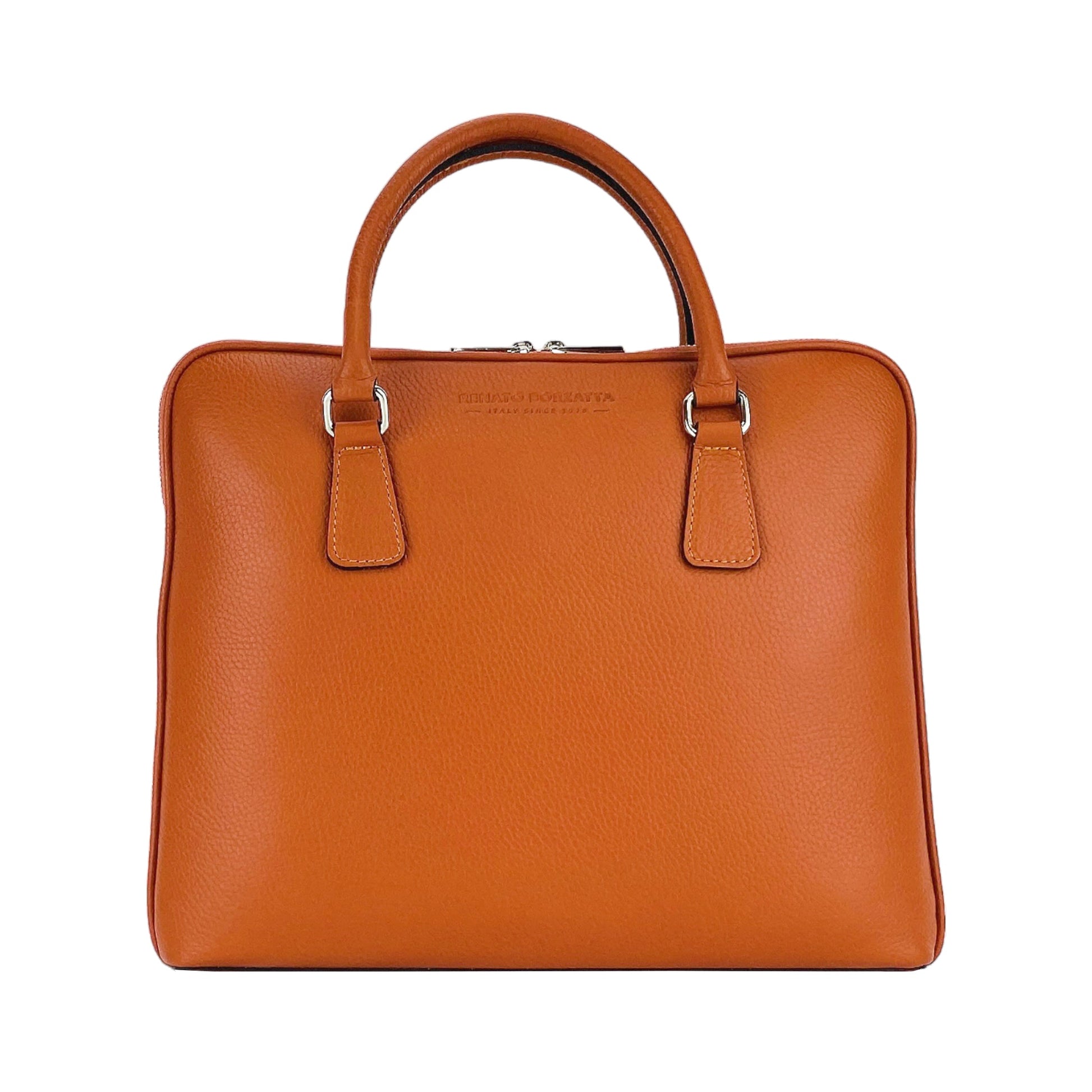 Brown leather handbag with visible brand name on a white background
