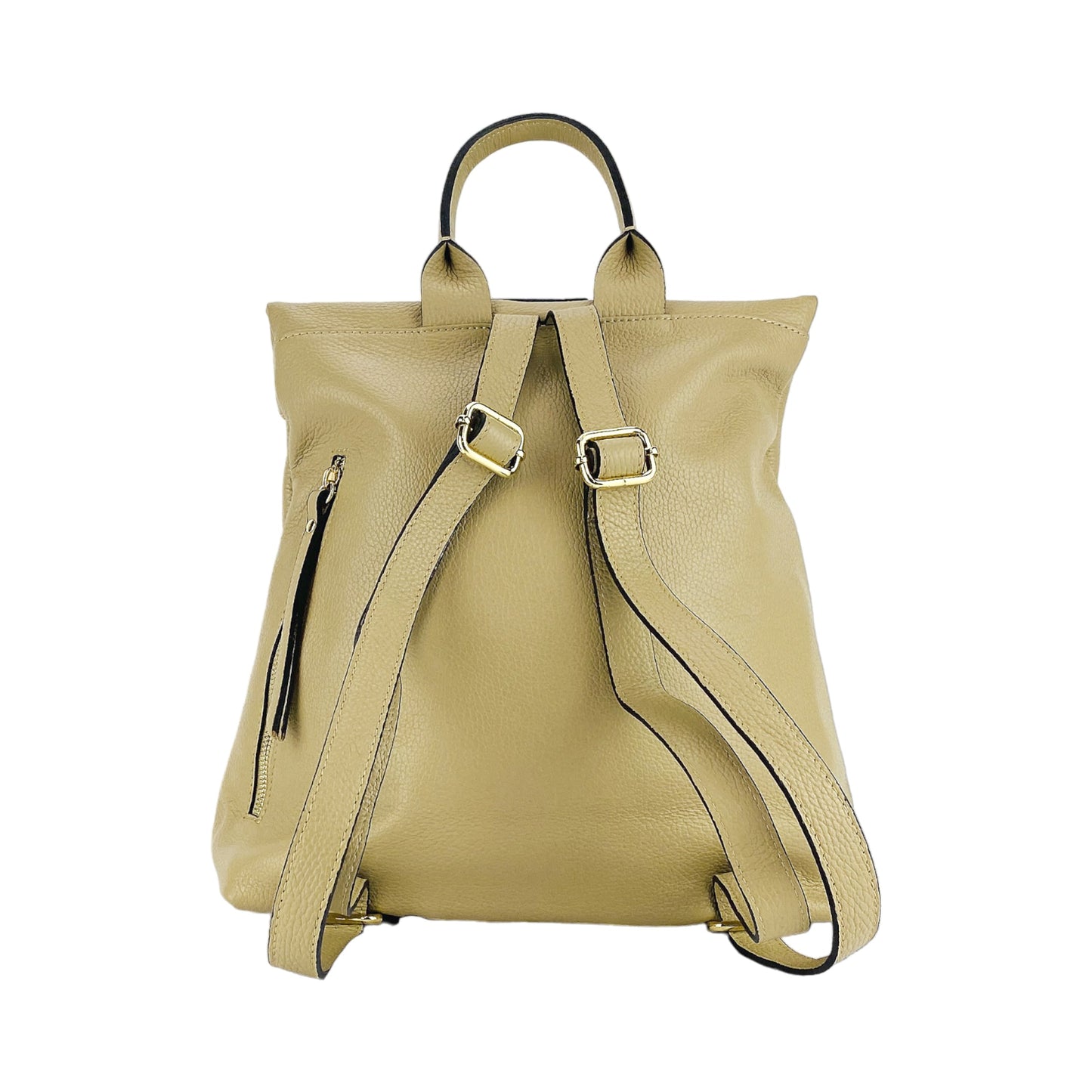 Beige backpack with gold accents on a white background