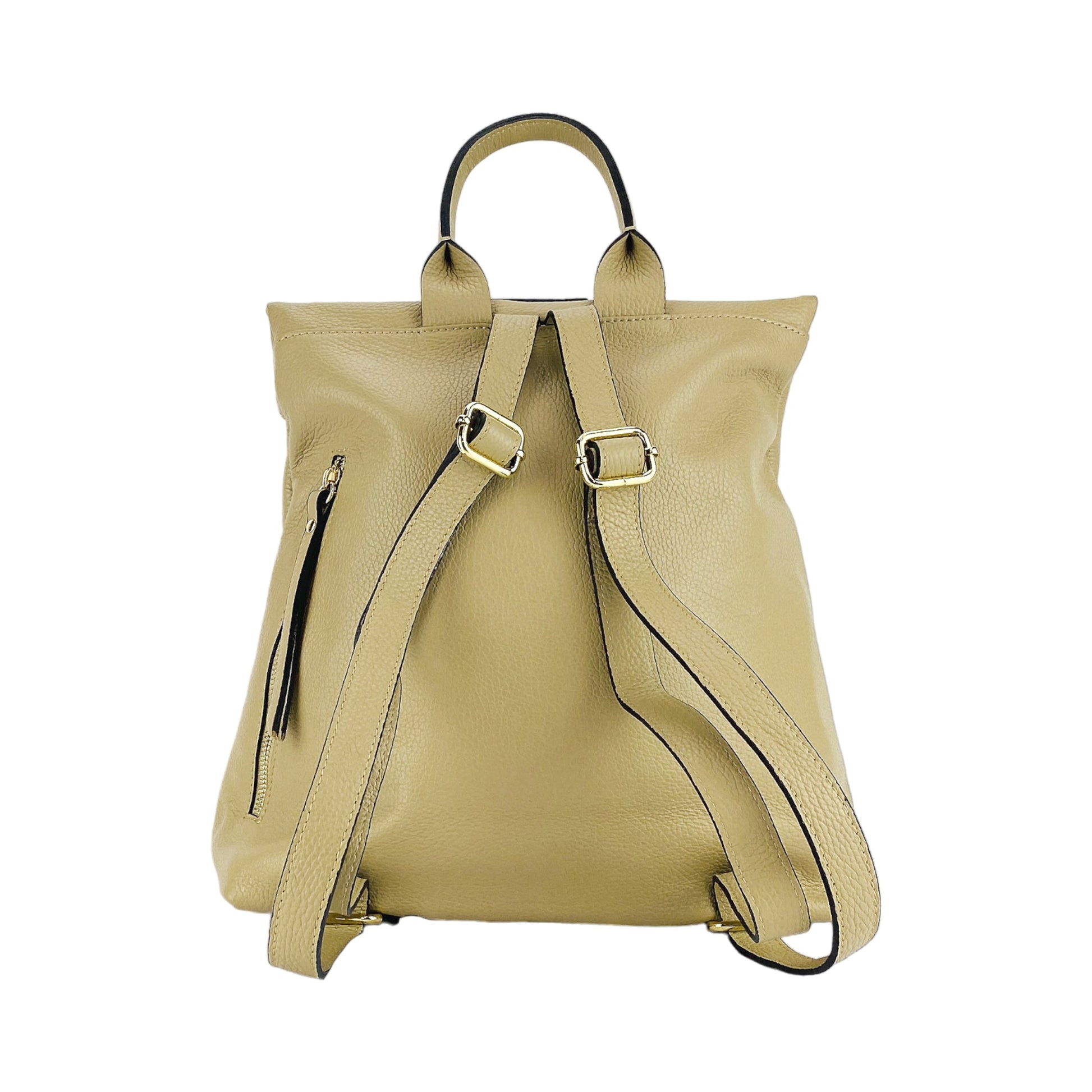 Beige backpack with gold accents on a white background
