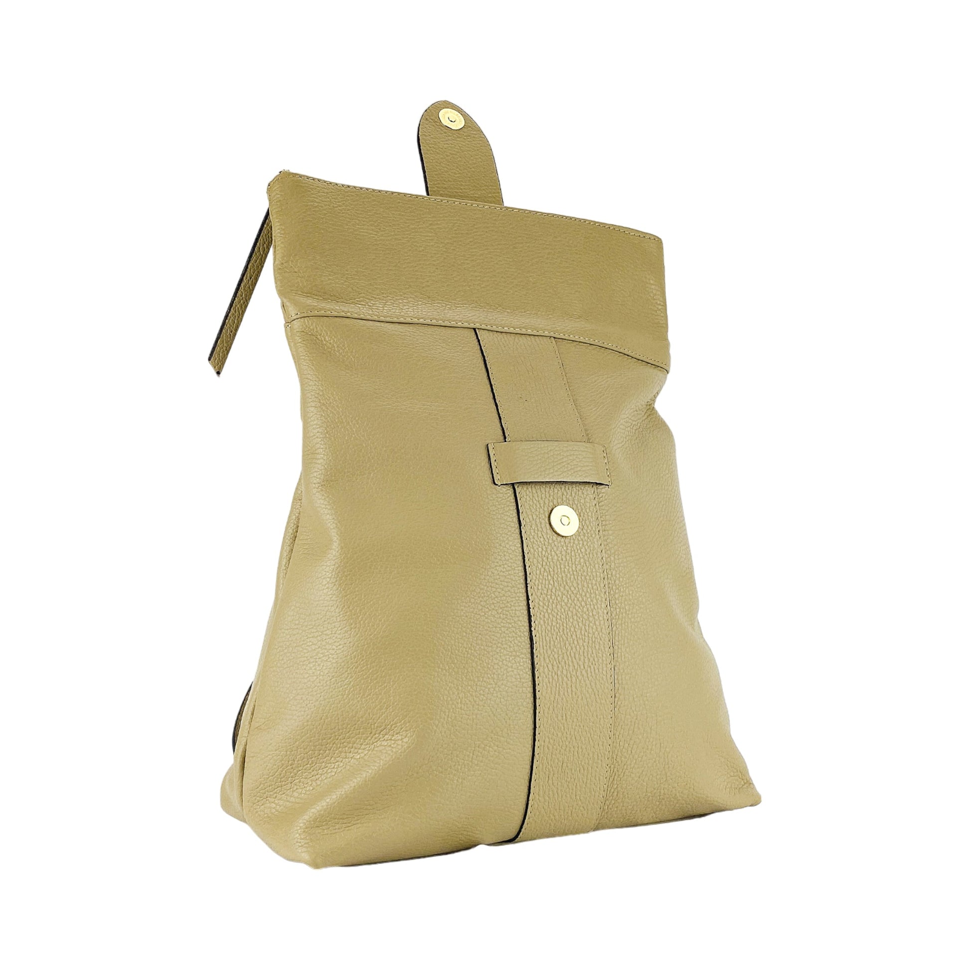 Beige backpack with a flap closure on a white background