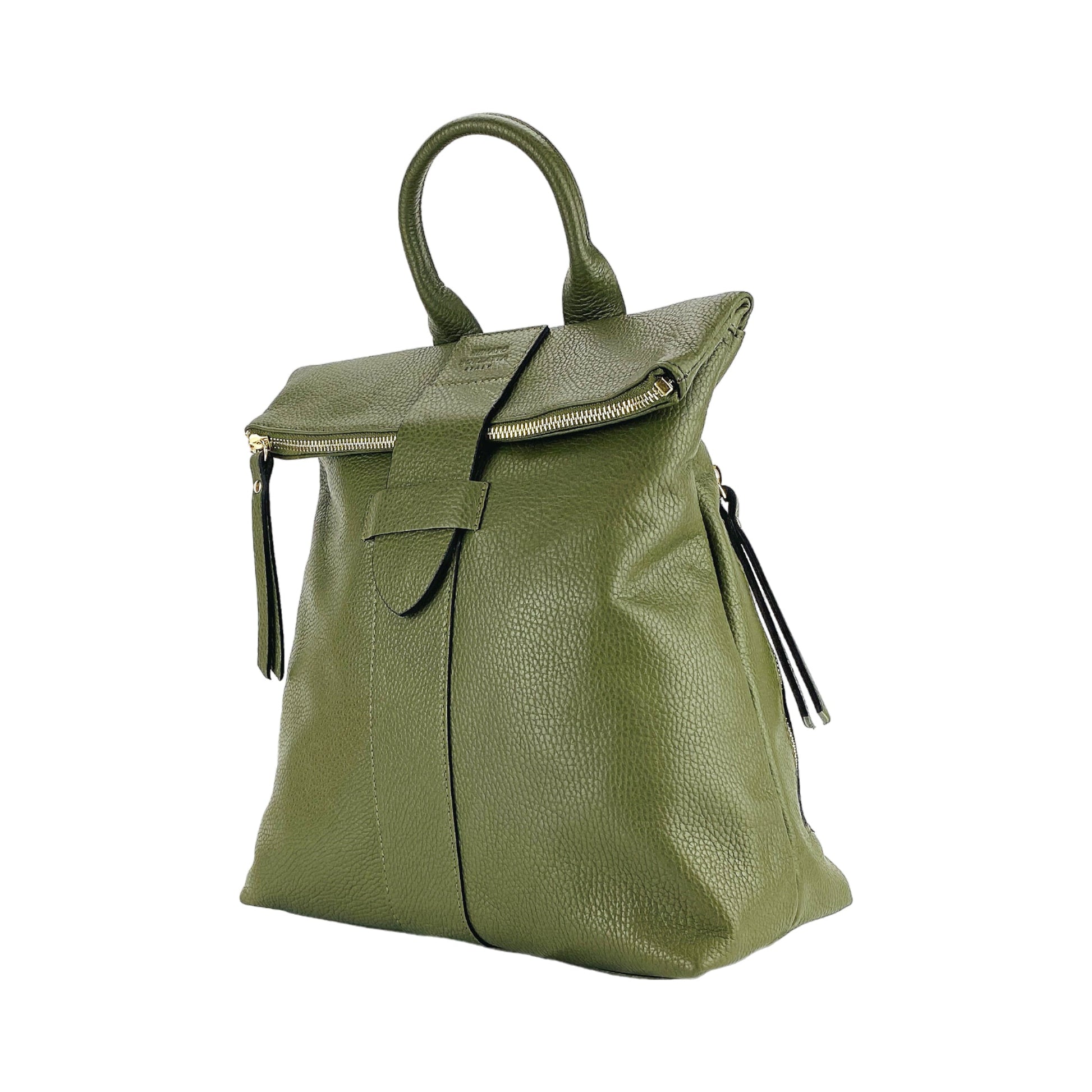 Green leather backpack on a white background